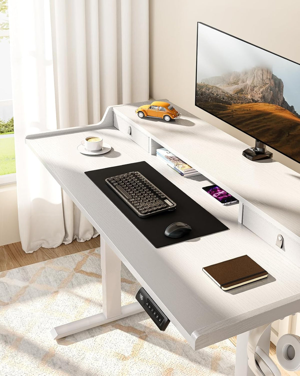 ErGear Electric Standing Desk with Drawers, 48″ x 24″ Gaming Table Compatible Monitor Stand, Stand up Desks, Home Office Height-Adjustable Desk with Storage Shelf, 4 Preset Heights, White