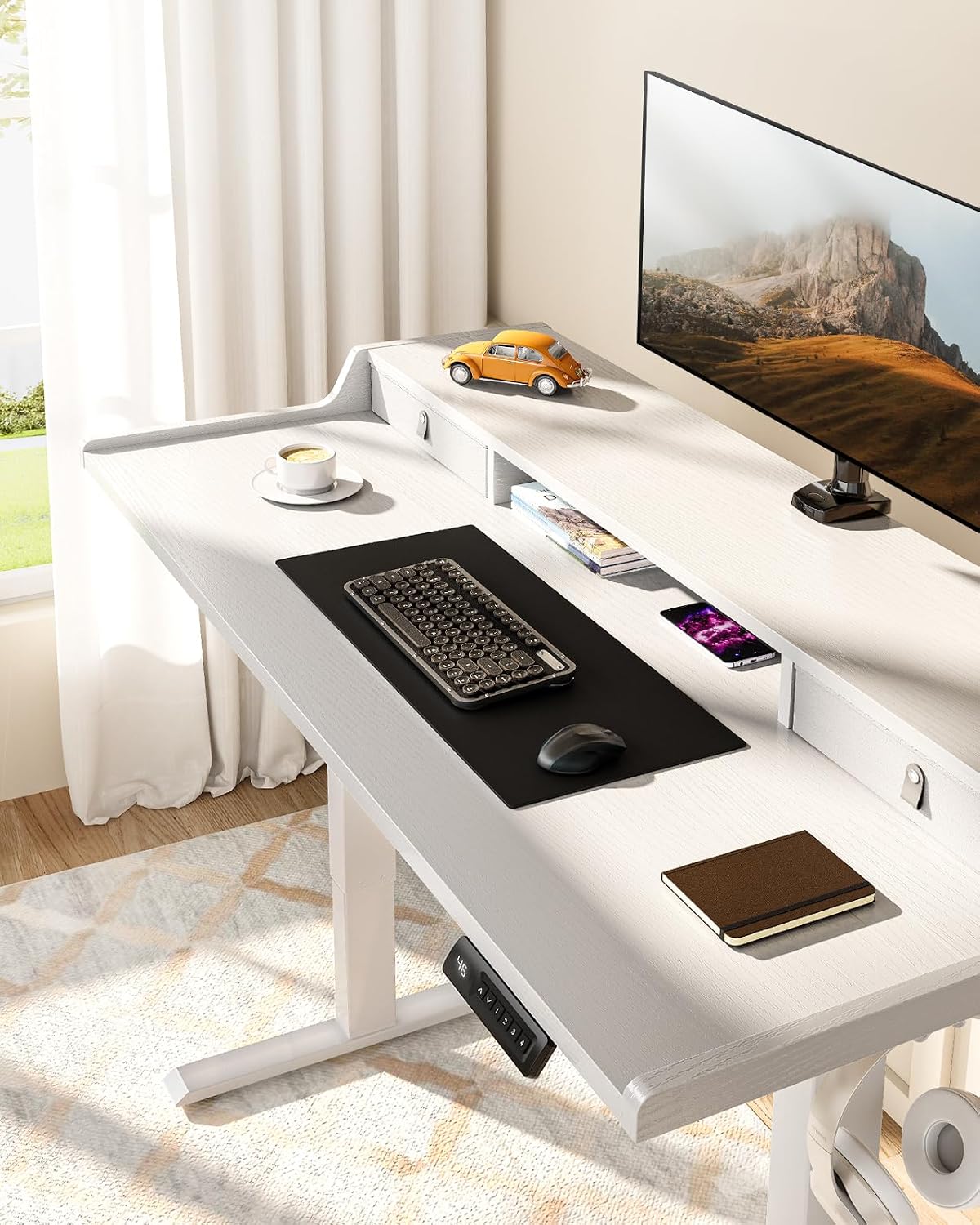 ErGear Electric Standing Desk with Drawers, 48″ x 24″ Gaming Table Compatible Monitor Stand, Stand up Desks, Home Office Height-Adjustable Desk with Storage Shelf, 4 Preset Heights, White