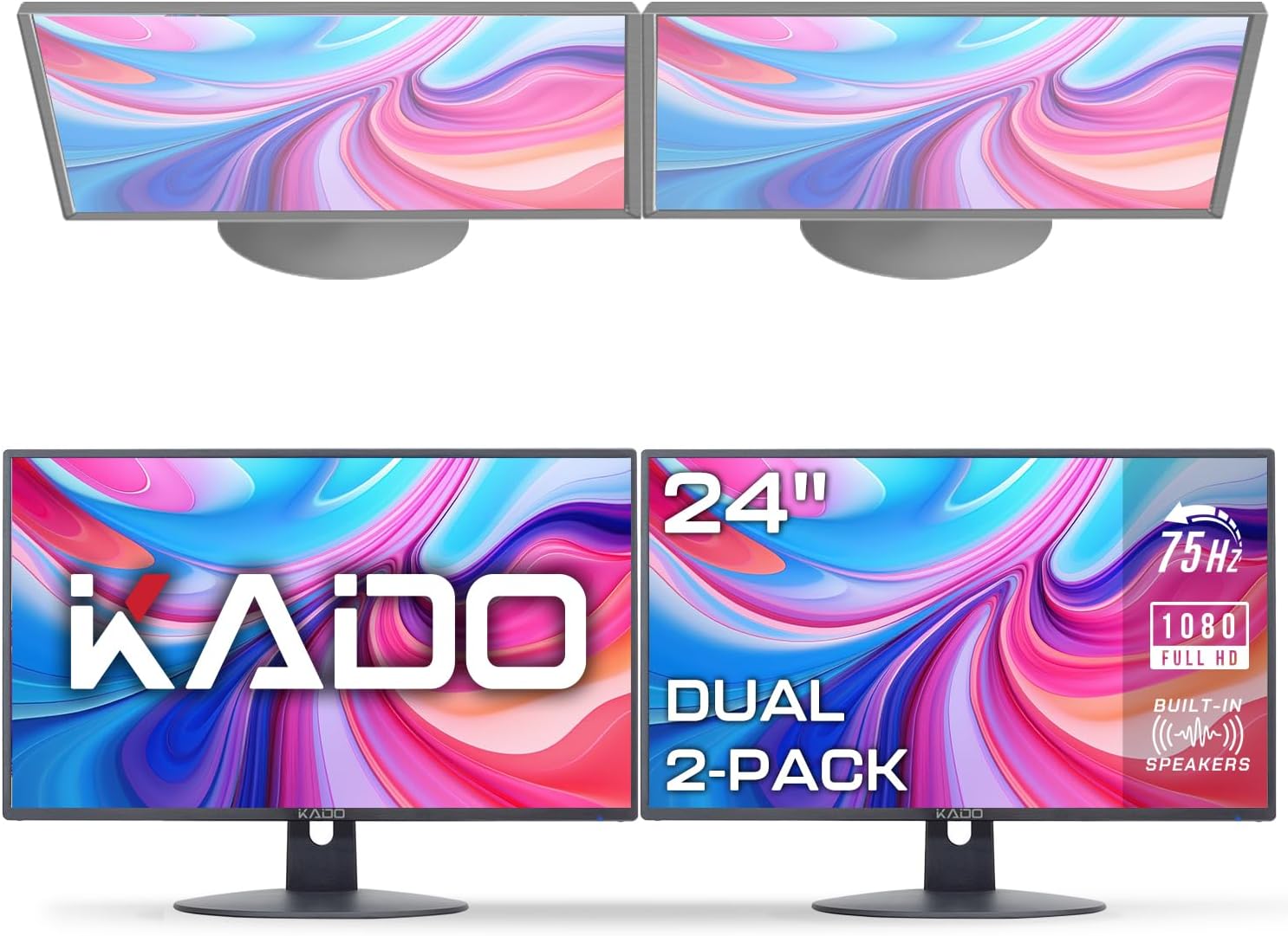Kado Dual Monitor Setup - 2-Pack 24' 1920x1080 Computer Monitor 75Hz VESA Mount HDMI Office Gaming Built-in Speakers (E24 Dual Series)
