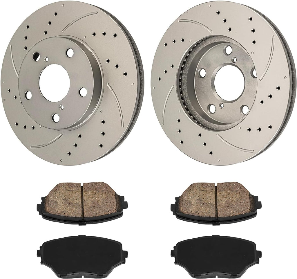 KAX Front Brakes and Rotors for Toyota RAV4 2001-2005, Drilled and Slotted Vented Disc Brake Rotor Ceramic Brake Pad Replacement (#31295+D862, 10.83inch, 275MM)