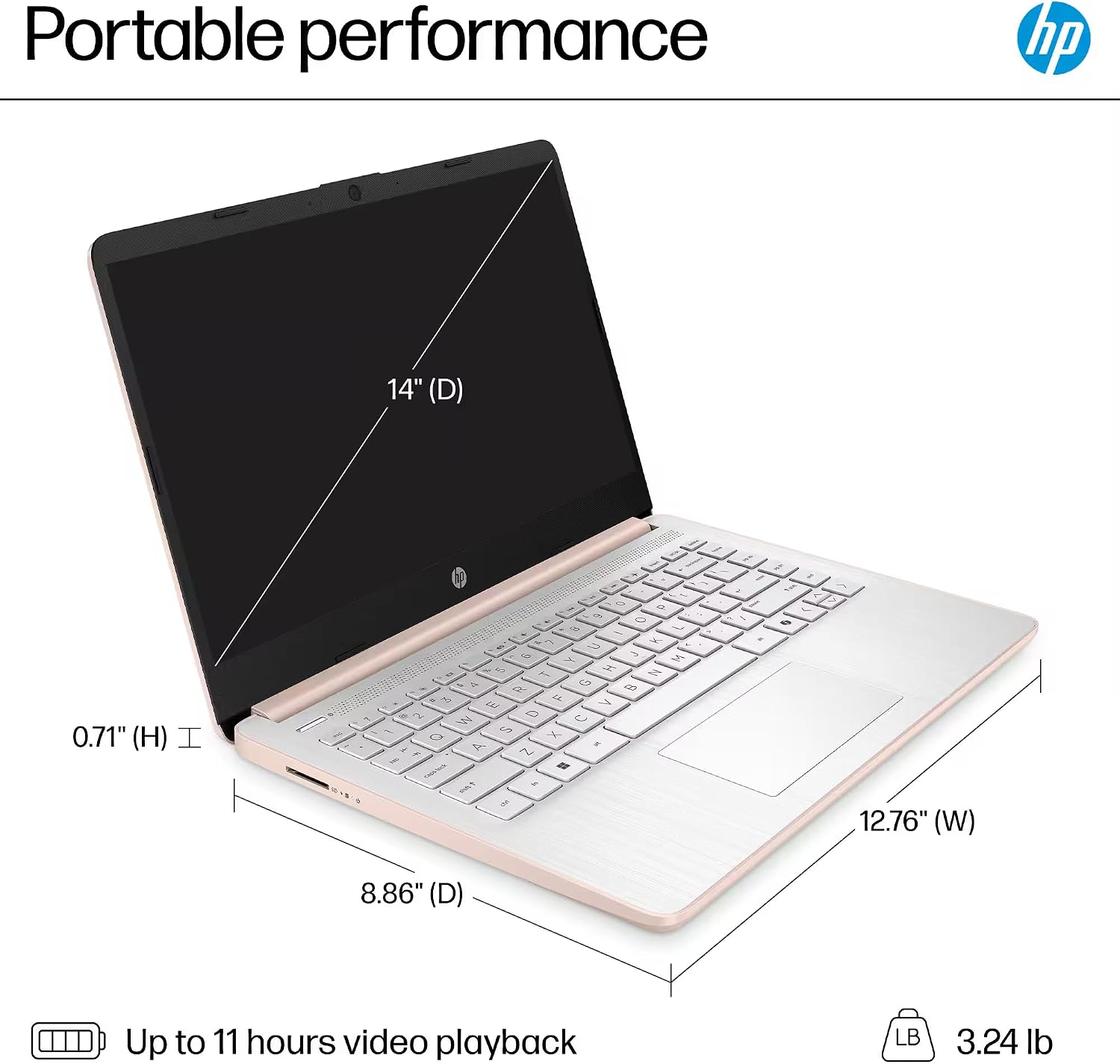HP 14' Laptop 2025 Business Student Slim Computer, Lifetime MS Office, Copilot AI, Quad-Core Intel CPU, 16GB RAM, 628GB Storage (128GB UFS+500GB Ext), MarxsolAccessory, Wi-Fi 6, Win 11 Pro, Rose Gold