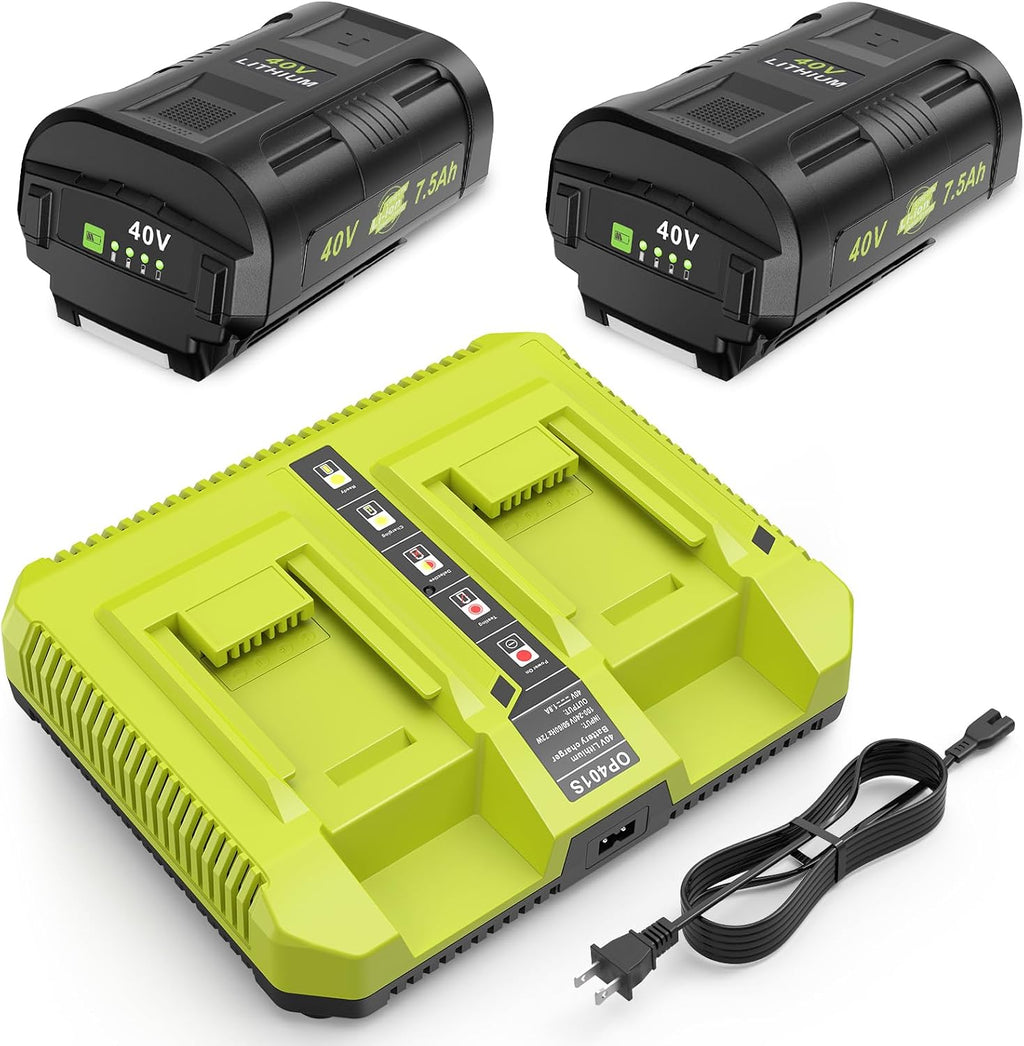 7.5Ah Replacement for Ryobi 40V Battery and Dual Charger Combo Compatible with Ryobi 40V Lithium Battery OP4040 OP4026 OP40601 OP4050A OP4030 OP4050 OP40201 OP40401 (2Battery+1Charger)