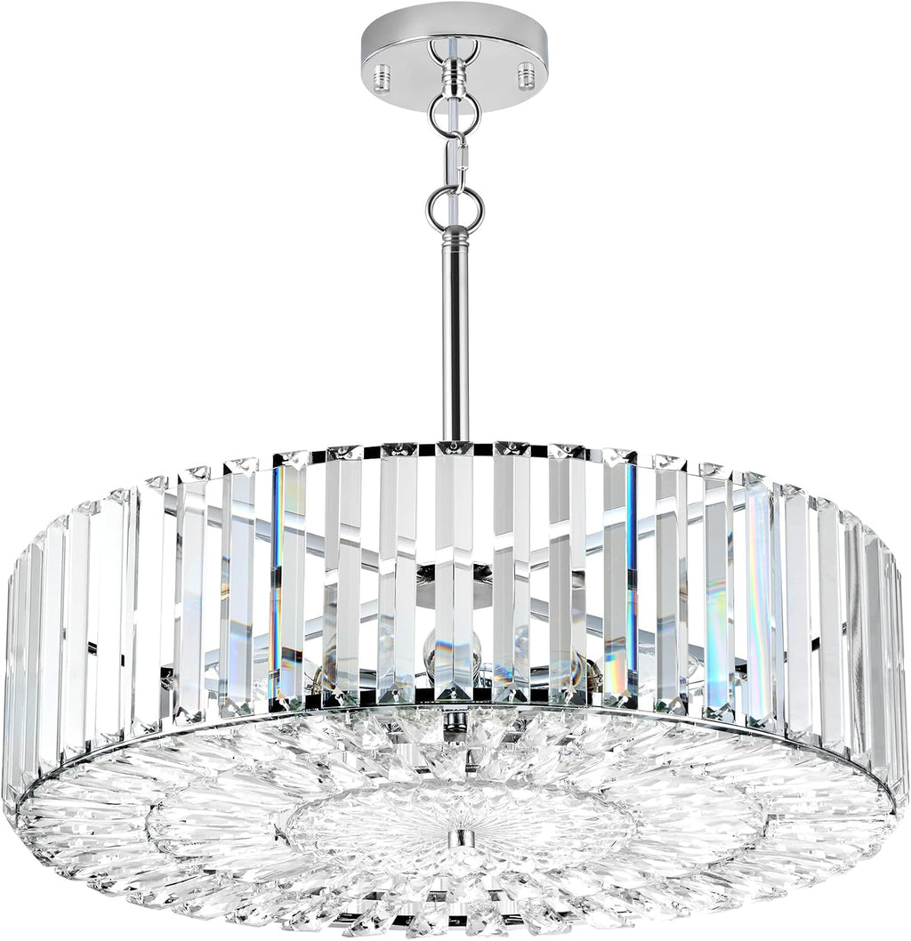 VONLUCE Cystal Ceiling Light Fixture, 6-Light Semi Flush Ceiling Light with Crystal Prisms, 21 in. Chandelier for Dining Room Bedroom Entryway, Kitchen, Nickel Metal Canopy, ETL Certificated