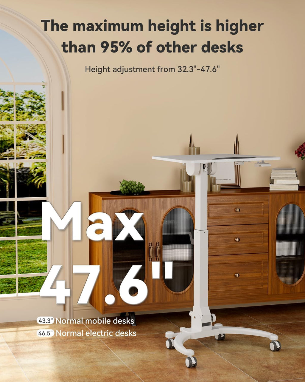 JOY worker Foldable Mobile Standing Desk, Upgraded Height Adjustable Rolling Desk, Max Height 47.6', 90° Tiltable Board & Base, Portable Workstation with Moveable Wheels, Holds Up to 22lbs, White