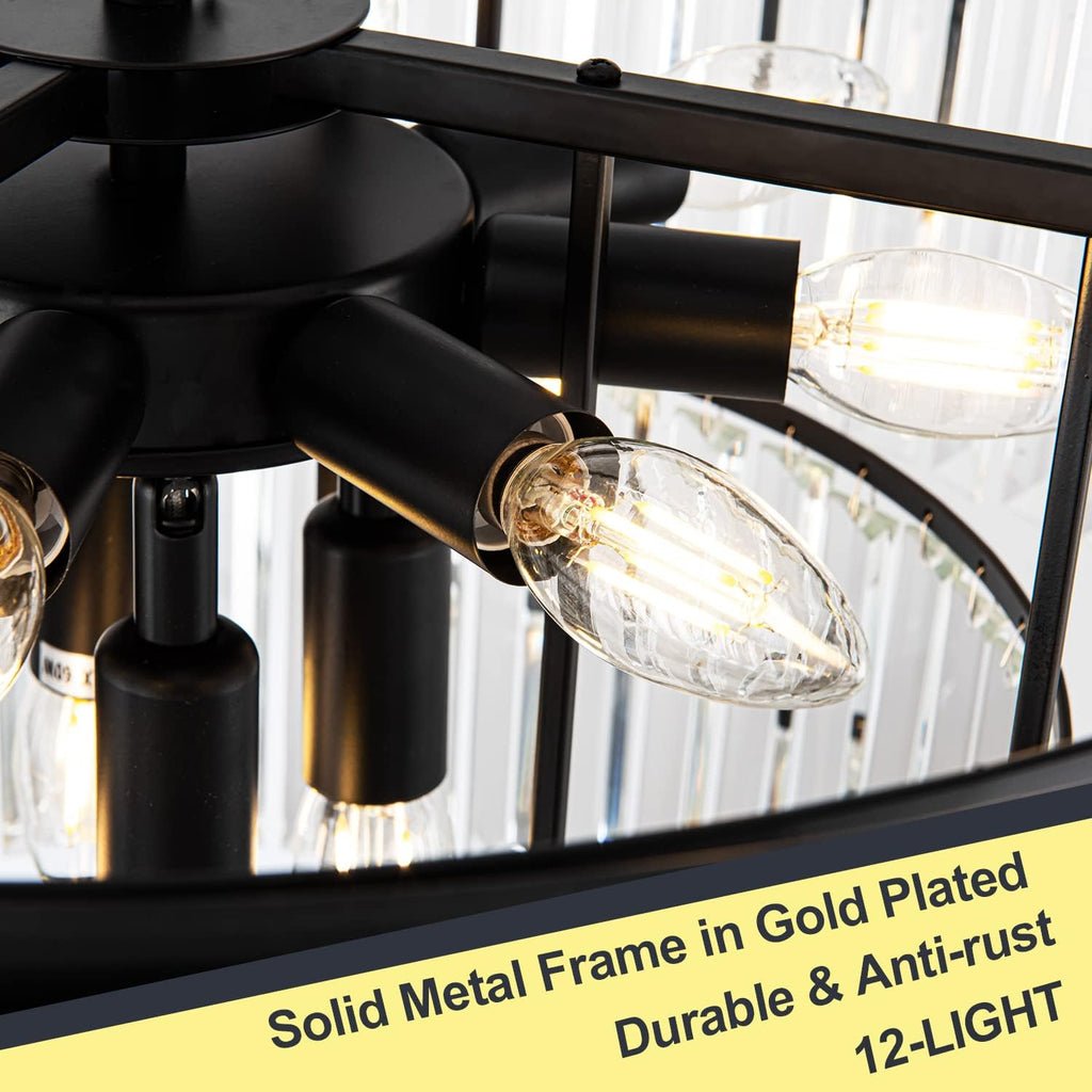12 Lights 23.64' Black Modern Crystal Chandelier Crystal Pendant Ceiling Light Fixture 3-Tier Hanging Lighting for Dinning Room Bedroom Living Room Foyer