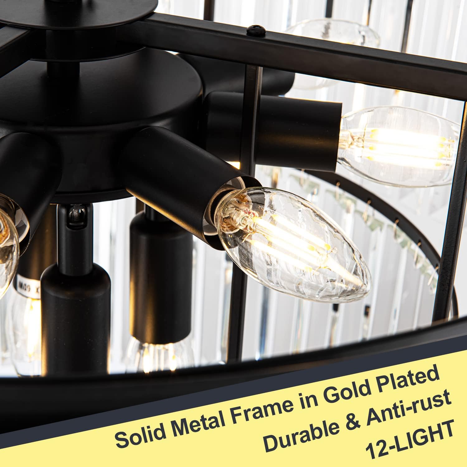 12 Lights 23.64' Black Modern Crystal Chandelier Crystal Pendant Ceiling Light Fixture 3-Tier Hanging Lighting for Dinning Room Bedroom Living Room Foyer