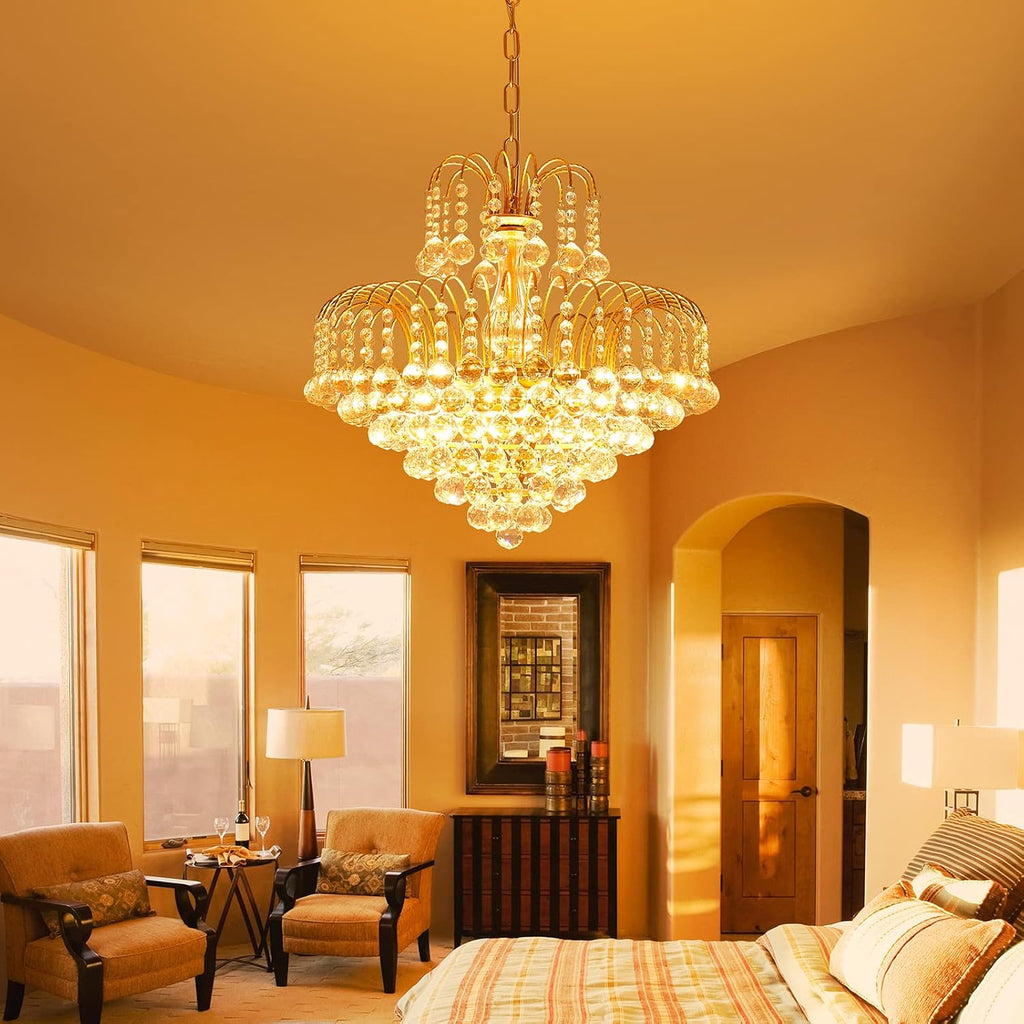 WUZUPS Crystal Chandelier Pendant Flushmount Ceiling Light Modern Lighting Fixture for Bedroom Hallway Bar Kitchen Bathroom, H 17.3' x W 18.9', Gold, E12 Base