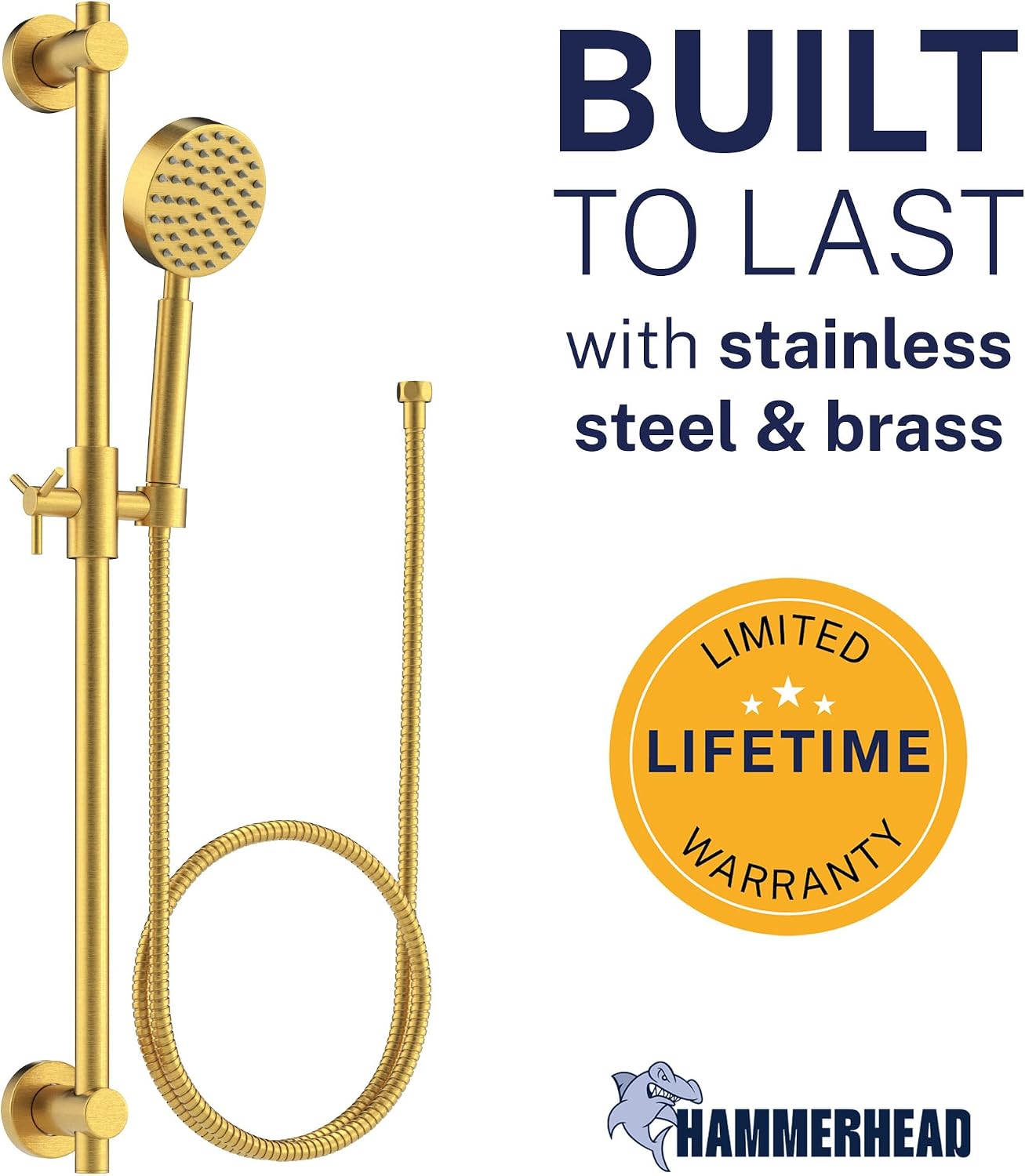 HammerHead Showers® Solid Metal 27.5 Inch Shower Slide Bar Set and Handheld Shower Head with Hose — BRUSHED GOLD — 1.75 GPM Low Flow Spray Wand — Easily Adjust Height & Angle of Handshower