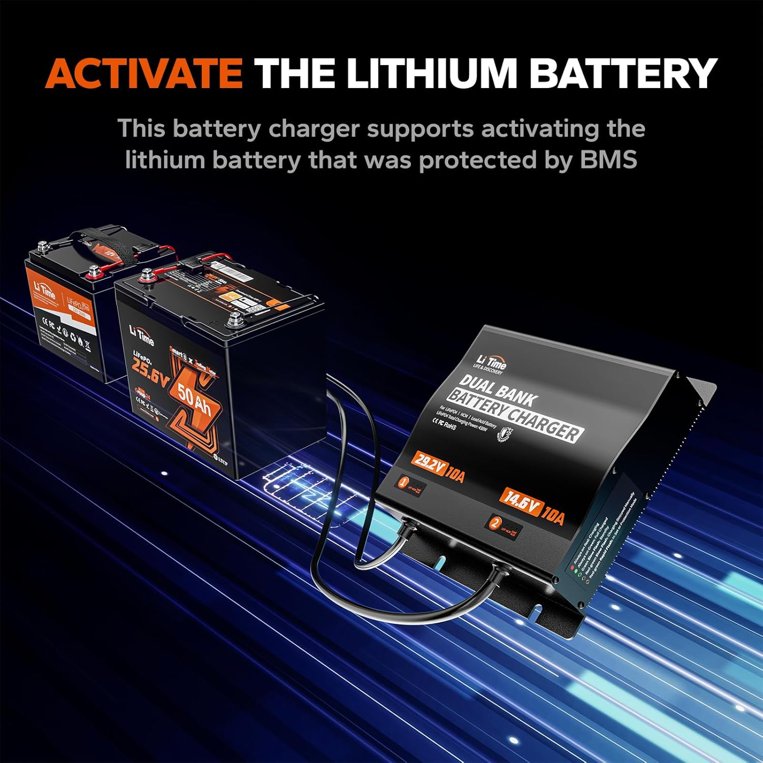 LiTime 2-Bank 12V 24V 10A Lithium Battery Charger, IP65 Waterproof AC DC Smart Charger for 12.8V/25.6V LiFePO4 Battery, with Adjustable Voltage & LED Indicator for Marine, Boat, and Trolling Motor