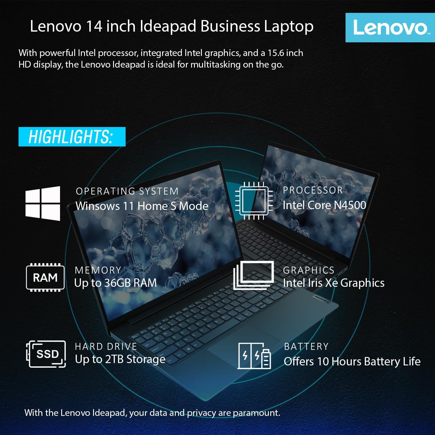 Lenovo IdeaPad Laptop with Microsoft Office, Intel High Performance CPU, 11 Hour Battery, SD-Card Reader, Webcam + USB-C, WOWPC Recovery USB, Windows 11 (20GB RAM | 1152GB SSD)