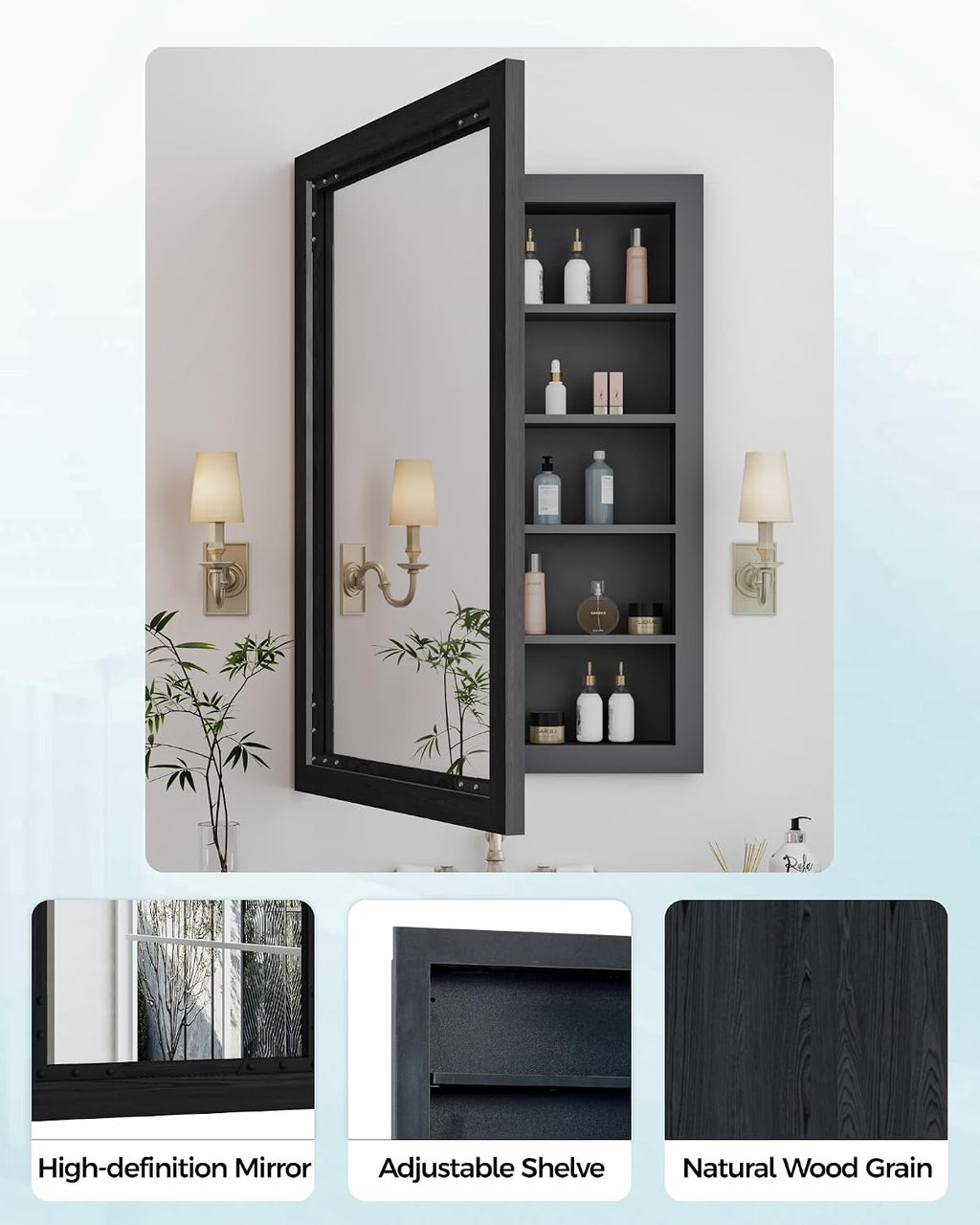 FLYJOE Medicine Cabinet Mirror 24 x 36 Inch Farmhouse Bathroom Mirror Door Solid Wood Storage Cabinet with Adjustable Shelves, Wall Mounted for Bathroom Living Room, Black