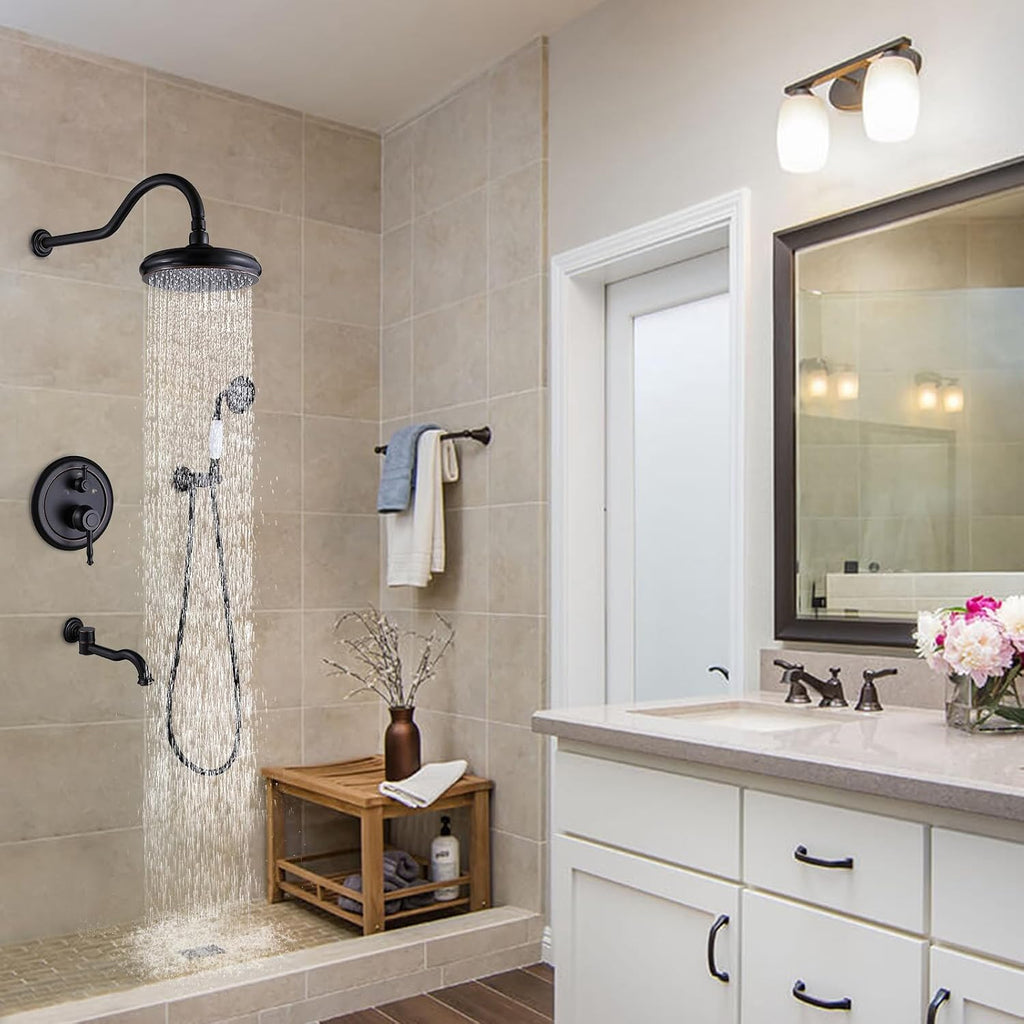 Rainfall Shower System with Handheld Sprayer,Oil Rubbed Bronze Antique Shower Faucet Sets,Shower Fixture Combo with Brass Pressure Balance Valve,Complete Shower Kit with Foldable Tub Spout