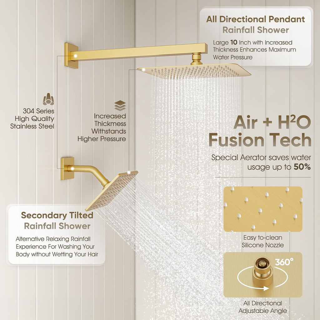 Shower Faucet Set Brushed Gold, 10+8' Dual Rain Shower Head with Handheld Spray for Two People,Wall Mount Rainfall 3 Way Shower Valve and Trim Kit Complete