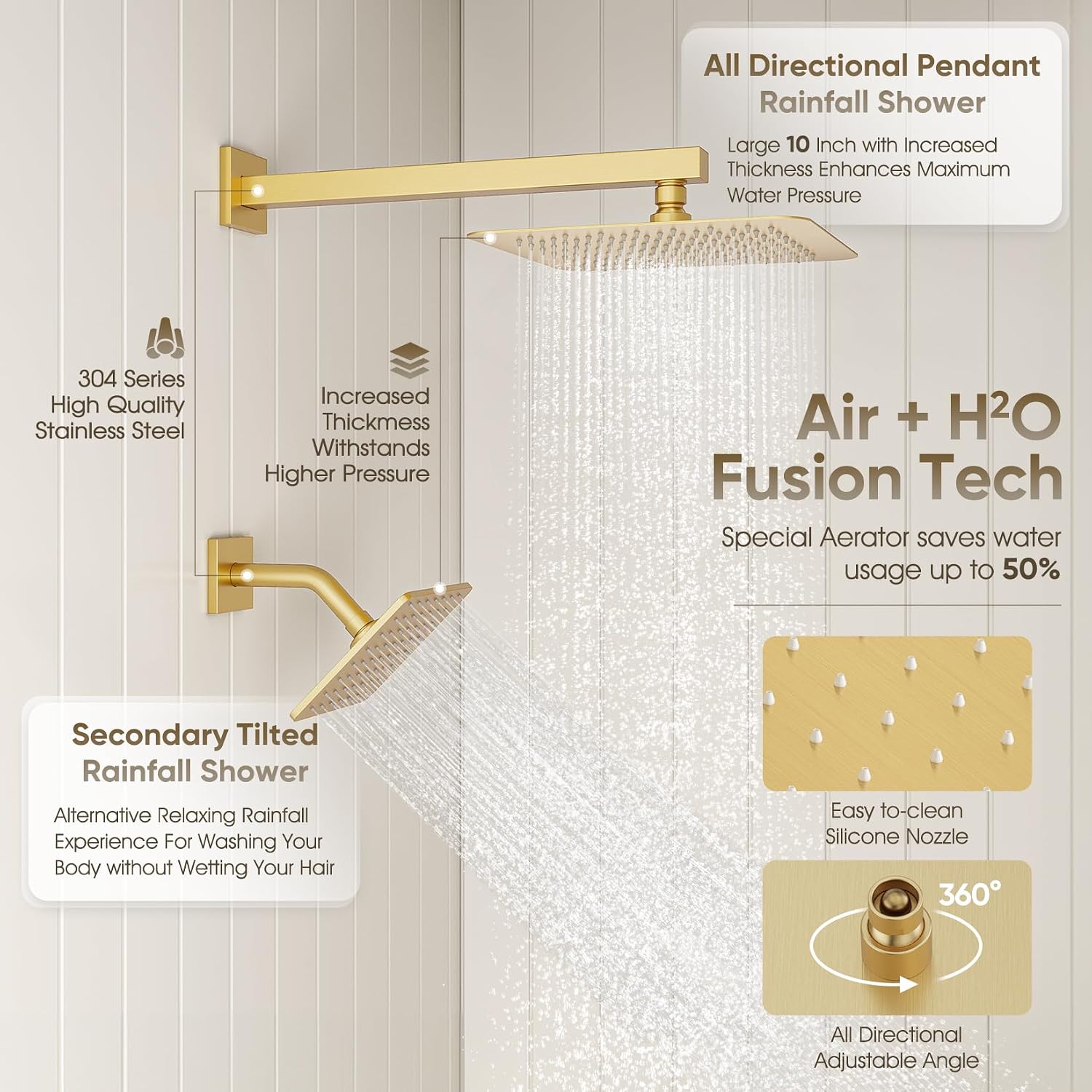 Shower Faucet Set Brushed Gold, 10+8' Dual Rain Shower Head with Handheld Spray for Two People,Wall Mount Rainfall 3 Way Shower Valve and Trim Kit Complete