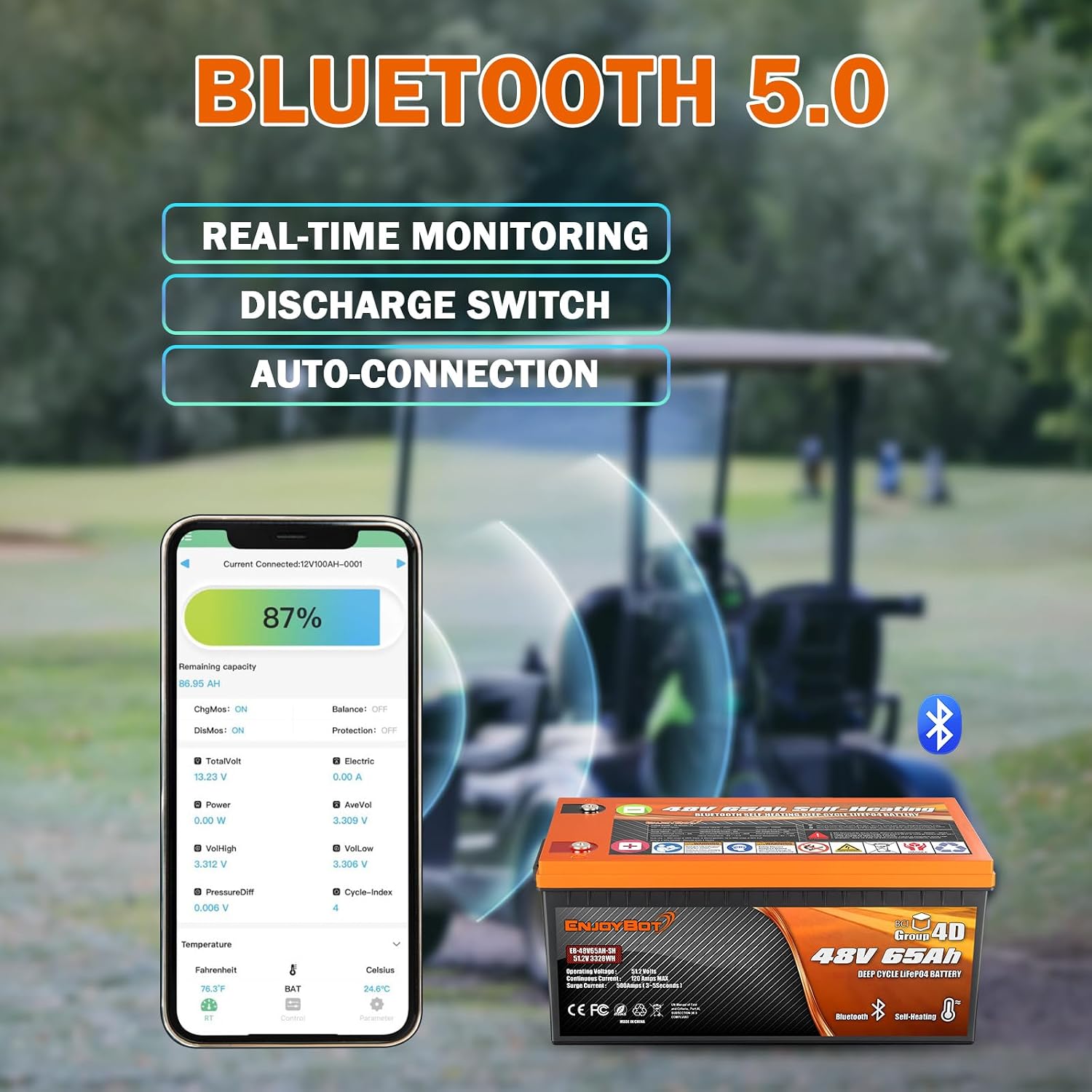 Enjoybot 48V 65Ah LiFePO4 Lithium Battery Self Heating with 58.4V 18A Charger, Built-in 120A BMS and Bluetooth, 10-Year Lifetime, Peak Current 500A for Golf Cart RV Camper Solar
