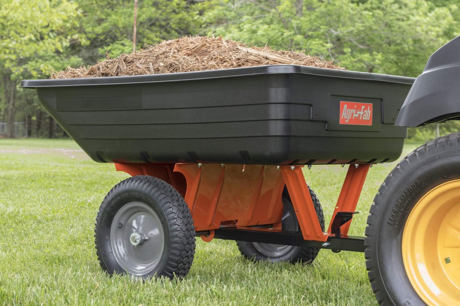 Agri-Fab 45-0533 650 lbs Tow Behind Poly Dump Cart, 10 CU. FT.; Lawn & Garden Cart/Trailer for Lawn Mowers, 16' Pneumatics Tires, Easy to Use Foot Pedal Dumping Lever