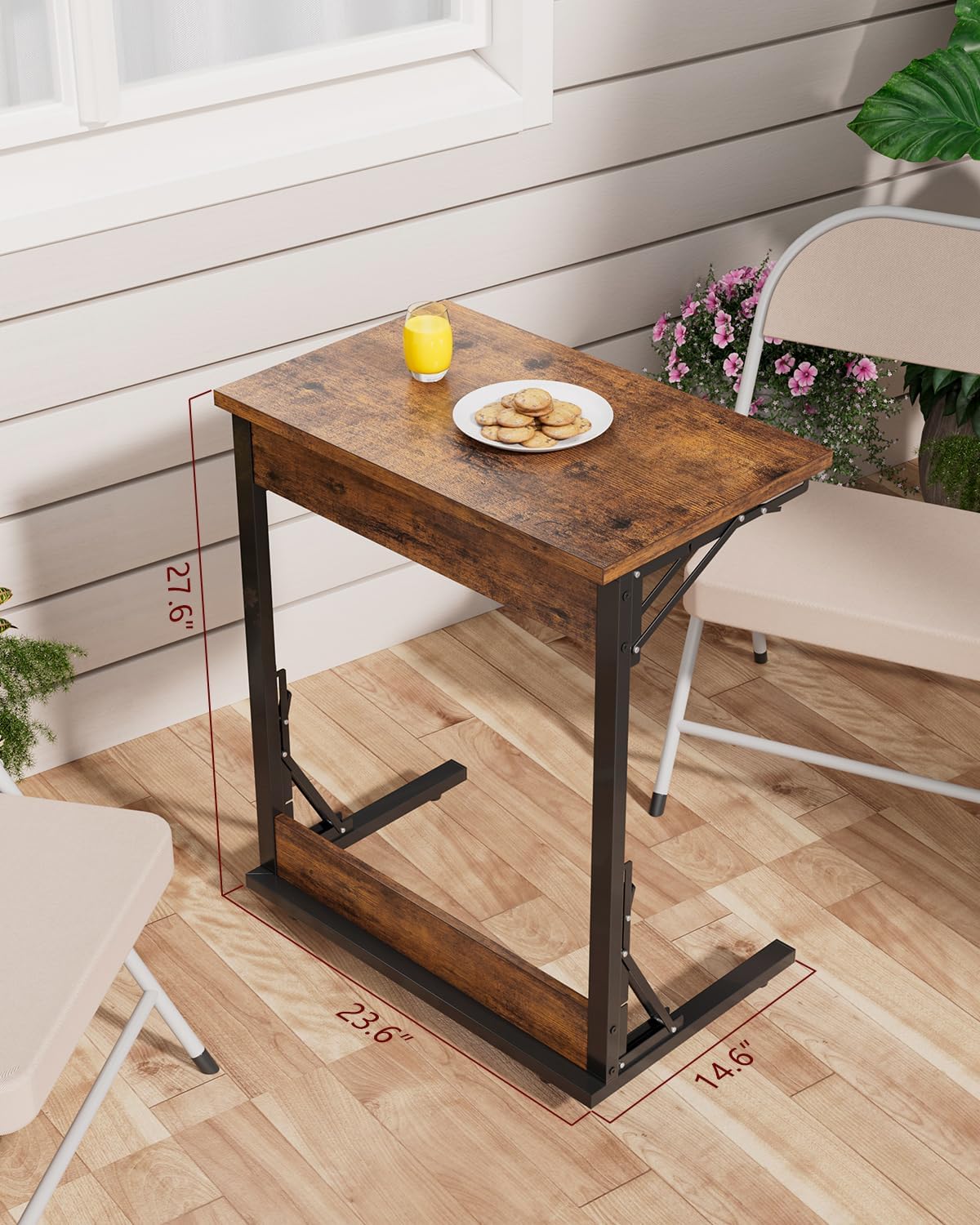 Tatub Folding TV Tray Table Set of 4, 24' Wide C-Shaped End Table for Couches, Small Sofa-Side Laptop Desk with Metal Frame for Living Room, Bedroom, Rustic-Brown