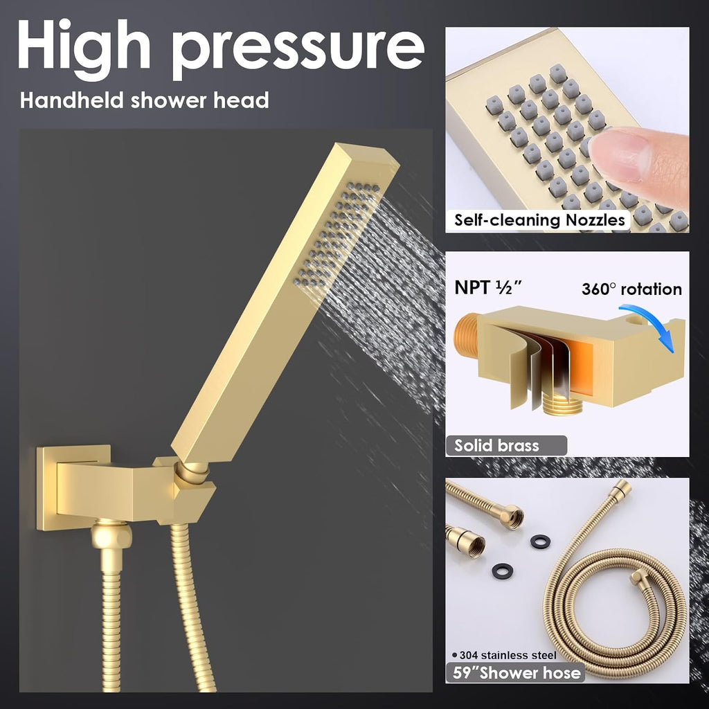 ENGA Dual Rain LED Shower System, 14'x20' Large Shower Head + 6' Wall Shower, 4 Body Jets with Individual On/Off & Adjustable Water Pressure, Rainfall Shower Faucet Set, Brushed Gold