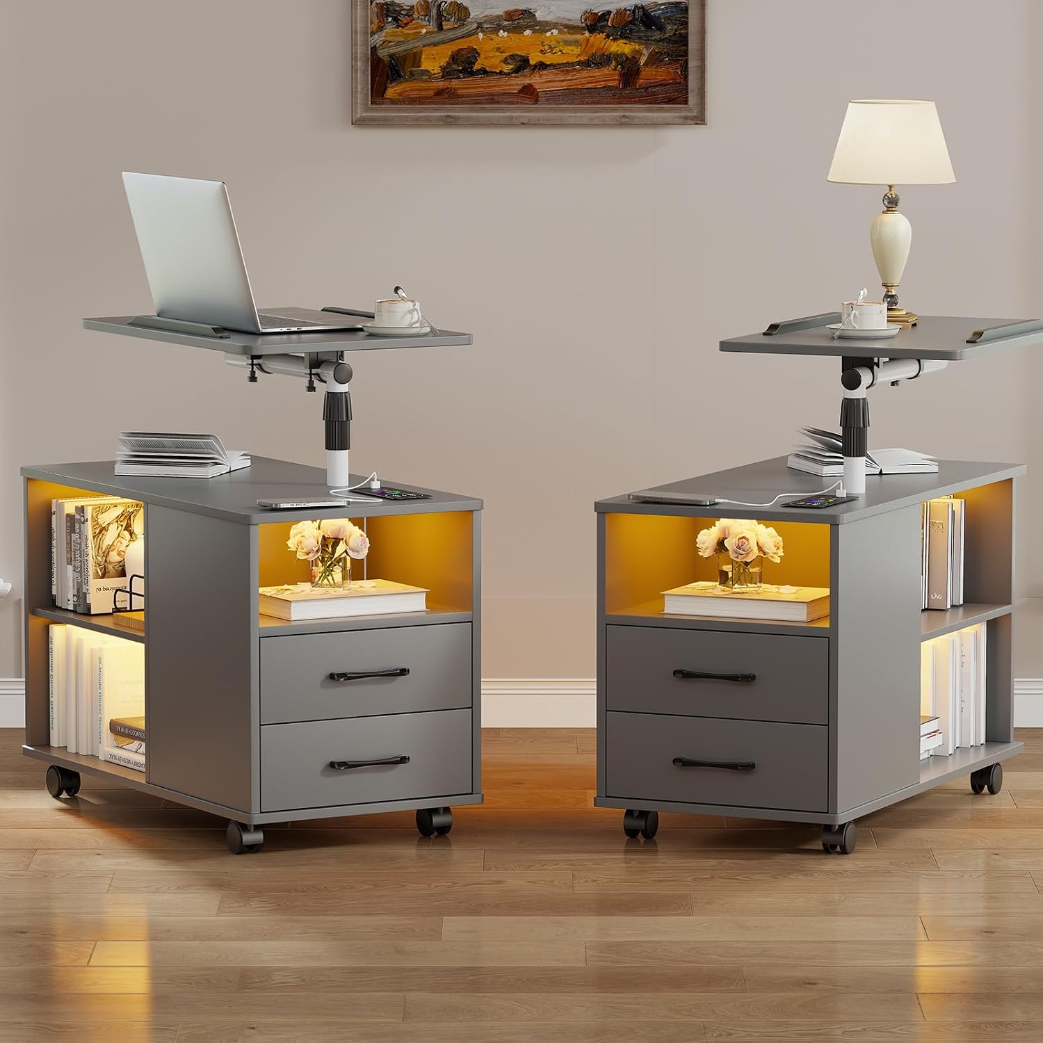 WOOVIVS Nightstand Set of 2 with USB Charging Station, Bedside Table with Storage Drawer, Rotatable Bracket, Modern Design (Grey)