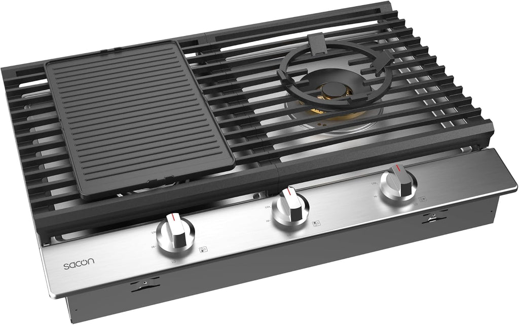 Sacon 30-Inch Gas Cooktop, 3 Burners with 46,000 BTU, Heart-to-Star Griddle, 30W x 21D x 6.7H inches, Stainless Steel SUS304, Built-in Installation