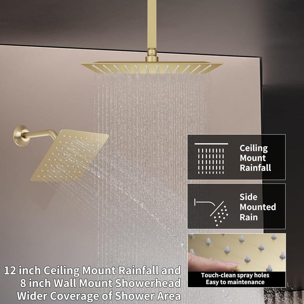 Thermosttic Shower Faucet Set Brushed Gold Shower System with 12 and 8 inch Rain Shower Head, 4 Body Jets, Handheld Spray