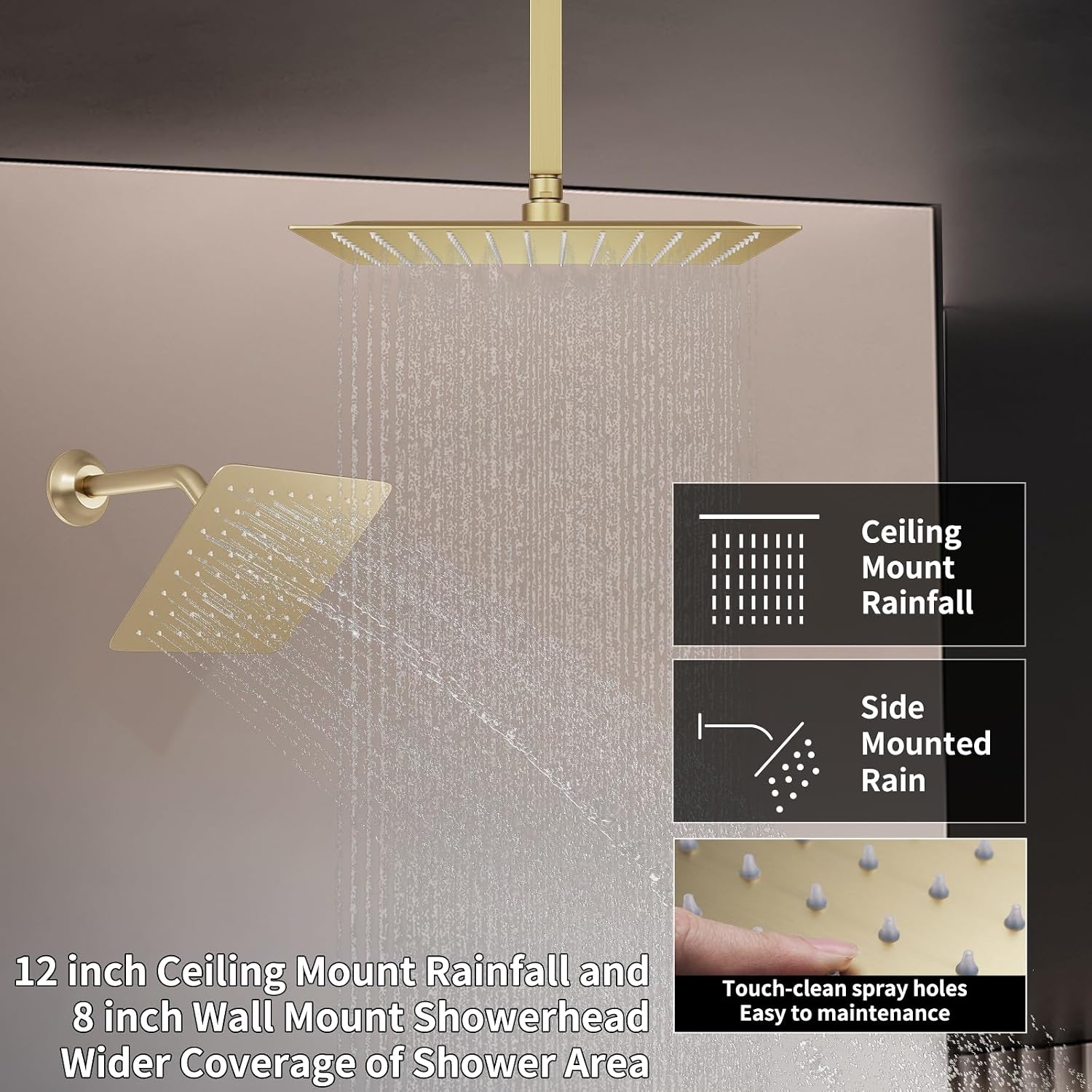 Thermosttic Shower Faucet Set Brushed Gold Shower System with 12 and 8 inch Rain Shower Head, 4 Body Jets, Handheld Spray