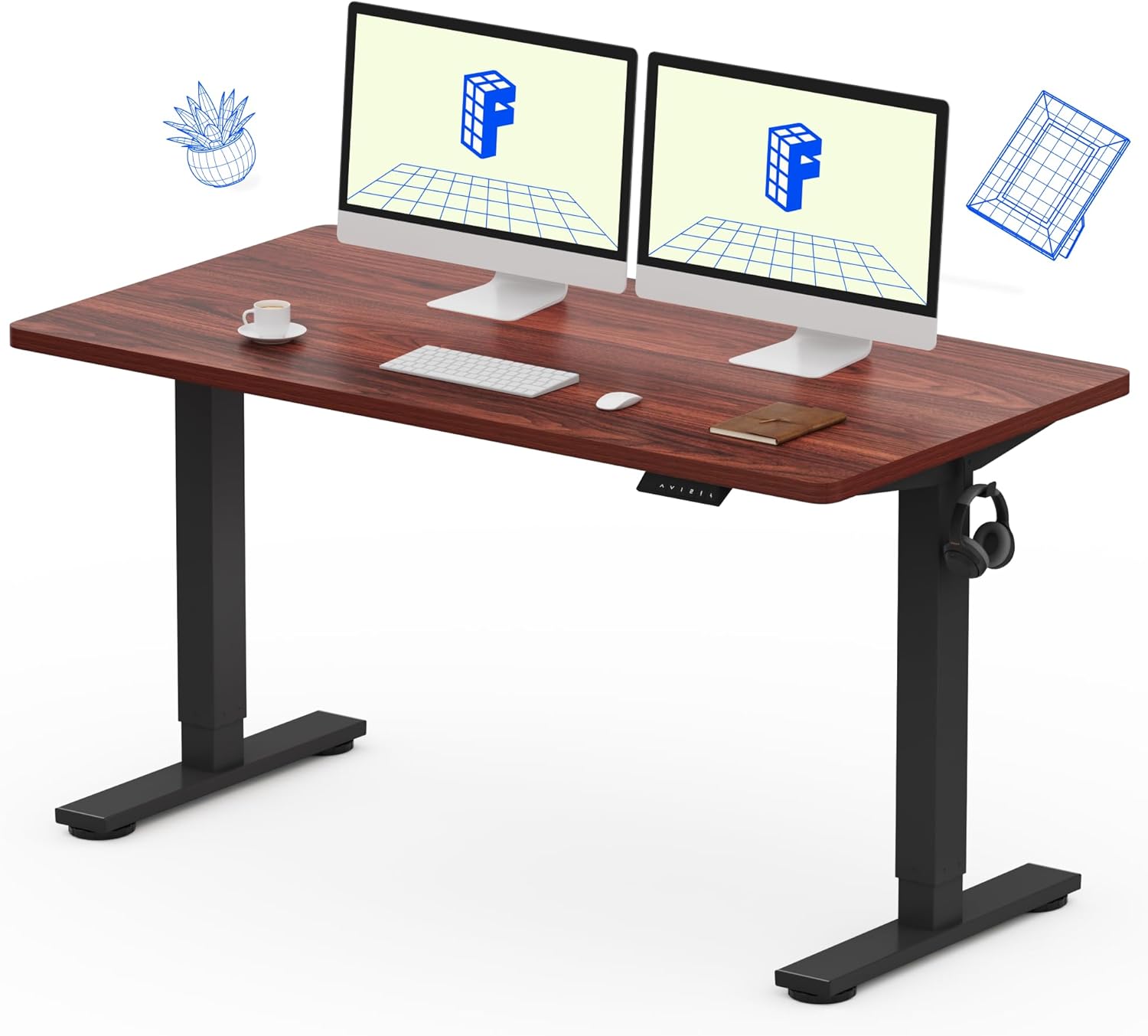 FLEXISPOT EN1 One-Piece Standing Desk, Electric Adjustable with 4 Memory Presets, 176 LBS Capacity, Stable & Quiet, Seamless Desktop for Home Office & Dual Monitors, 55'x28' Mahogany