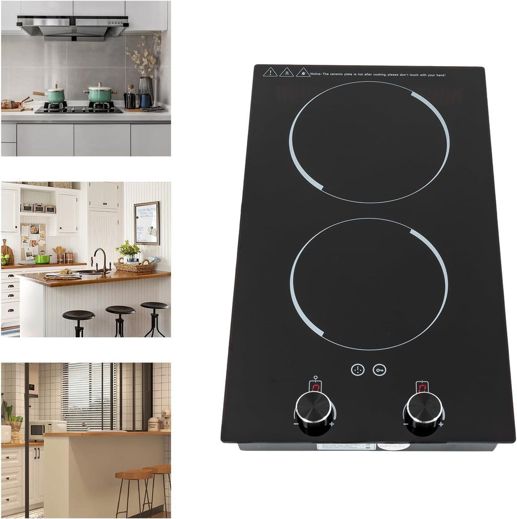 Electric Cooktop, Double-burner Ceramic Electric Hob, 2100W Induction Cooktop Portable Electric Stove, Temperature Controls, Stainless Steel Hot Plate for Kitchens, Cabins, Offices, Studios