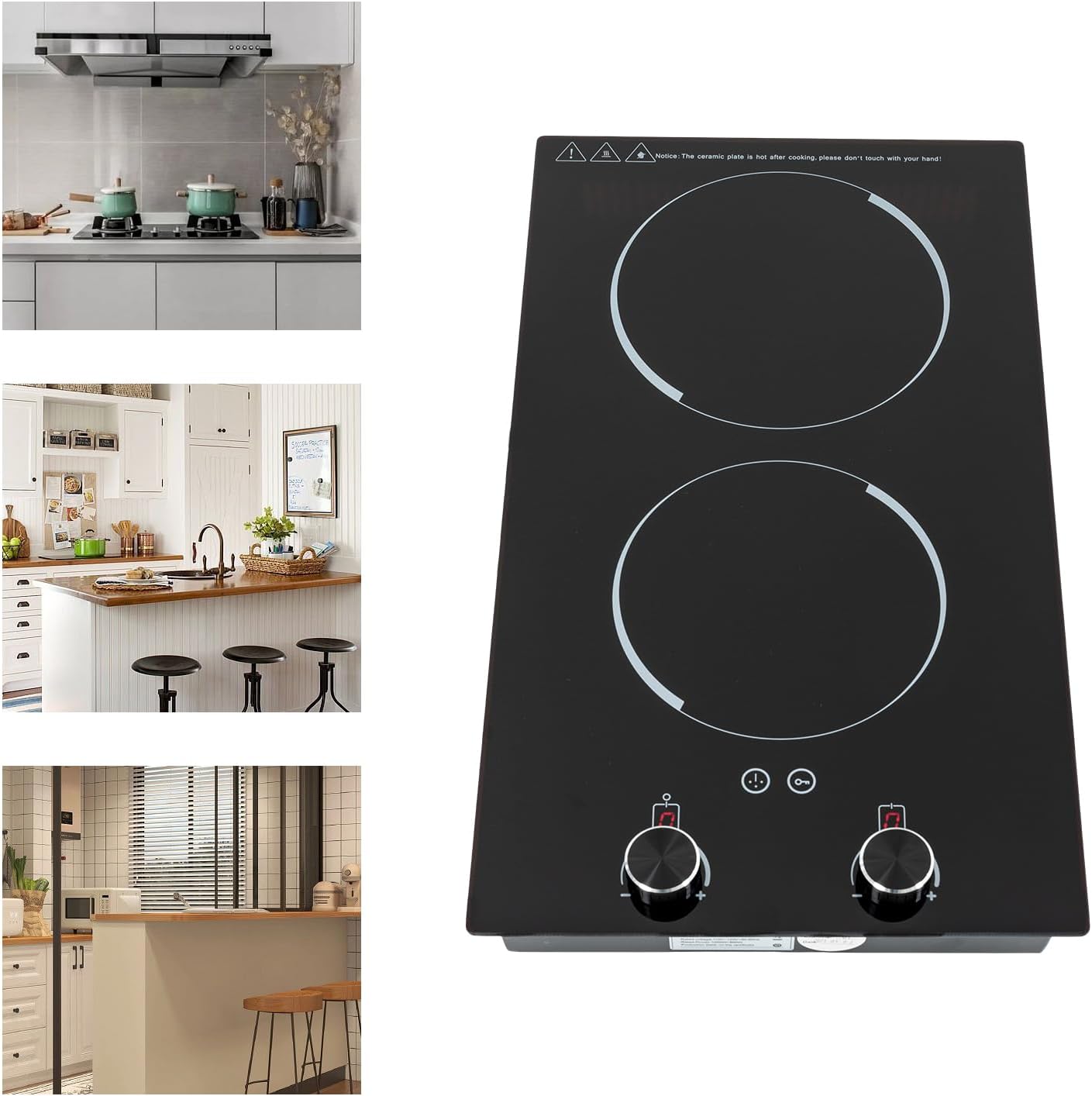 Electric Cooktop, Double-burner Ceramic Electric Hob, 2100W Induction Cooktop Portable Electric Stove, Temperature Controls, Stainless Steel Hot Plate for Kitchens, Cabins, Offices, Studios