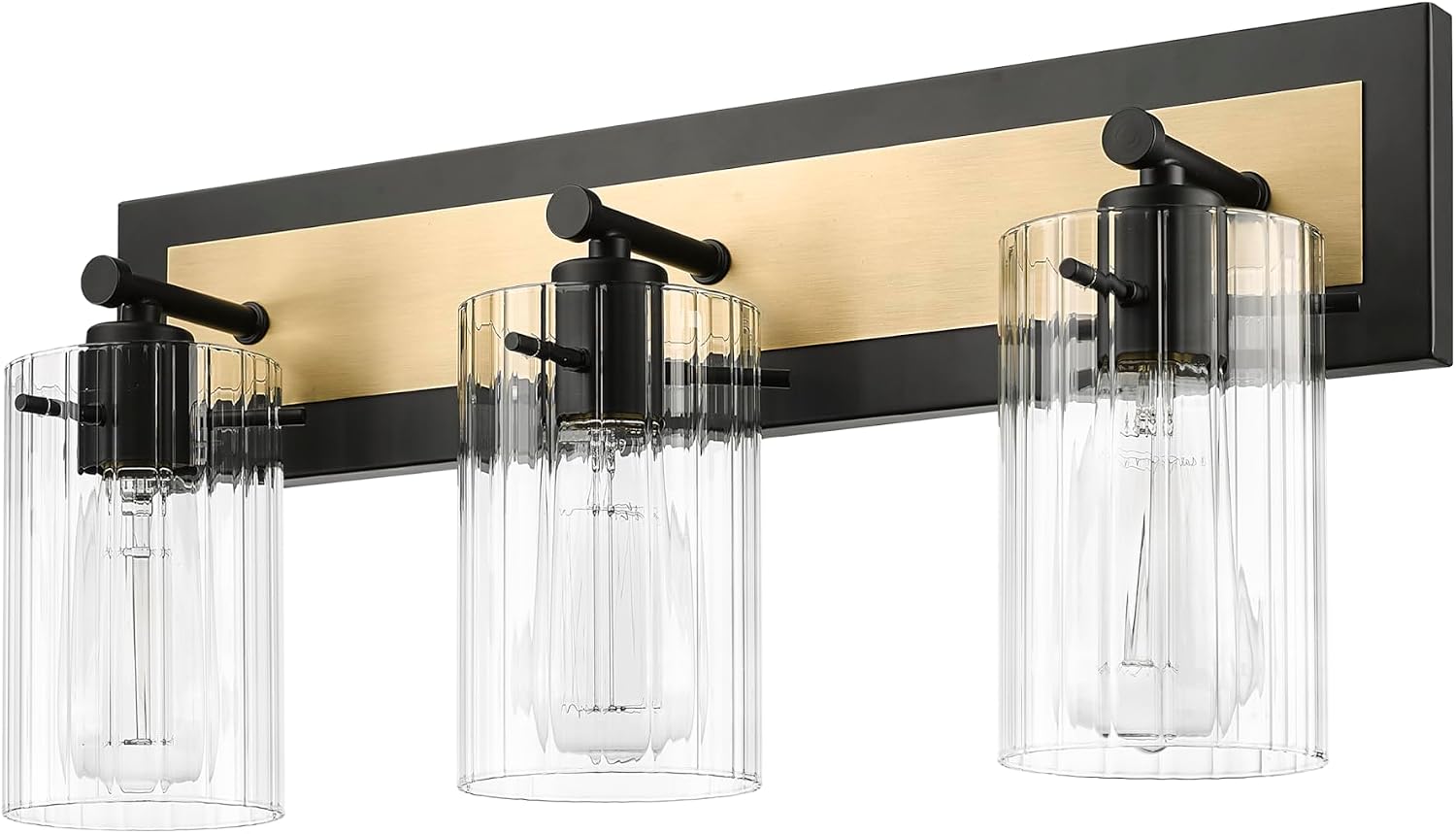 ML Lighting | Gasol Collection | 25003-MB/VB | 3 Light Vanity in Matte Black - Vintage Brass with Clear Ribbed Glass Shade | Versatile Design That adds High-End Texture and Elegance to Your Bathroom