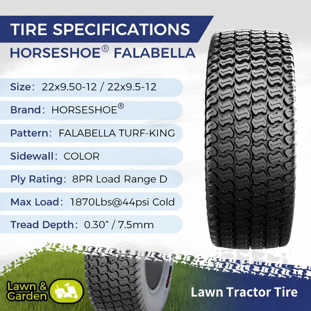 HORSESHOE FALABELLA 2 New 22x9.5-12 8PR LRD T198 TURF-KING LAWN MOWER GOLF TIRES Heavy Duty Color-Sidewall (22x9.50-12 8Ply)
