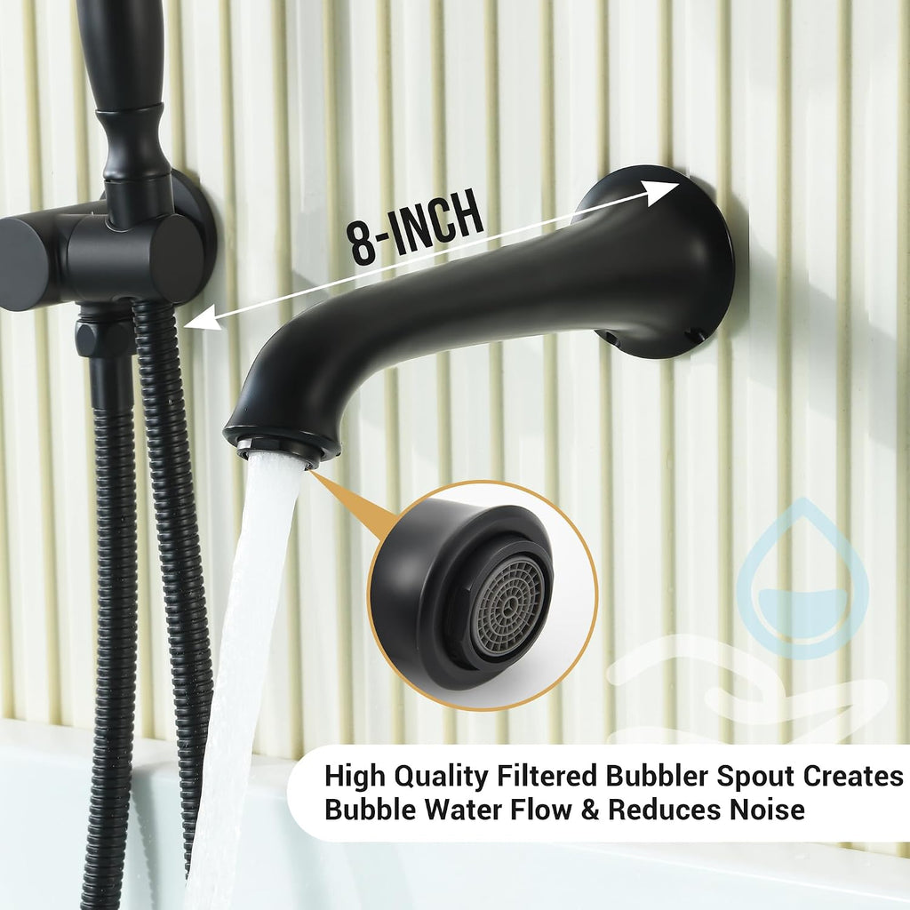 DASAN Antique Wall Mount Tub Filler Faucet with Hand Held Shower, Matte Black Bathtub Faucet with Sprayer Wall Mounted Roman Bath Tub Faucet Set with High Flow Rough in Valve, AT201TF-MB