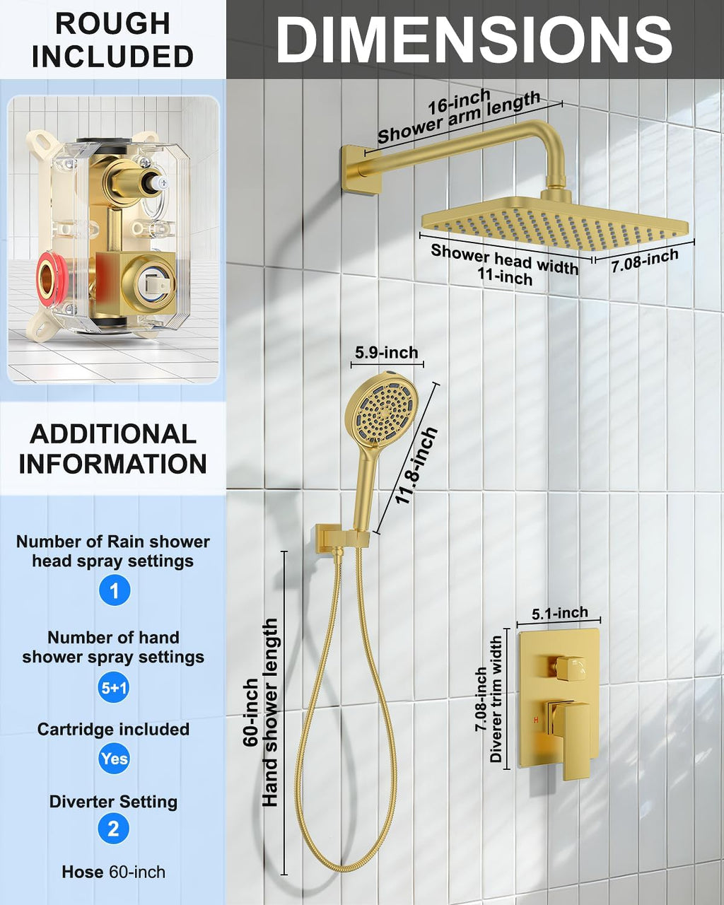 Brushed Gold Shower System Set - Complete with Valve Kit, Rainfall & Filtered Handheld Shower Head spray, Modern Bathroom Fixtures