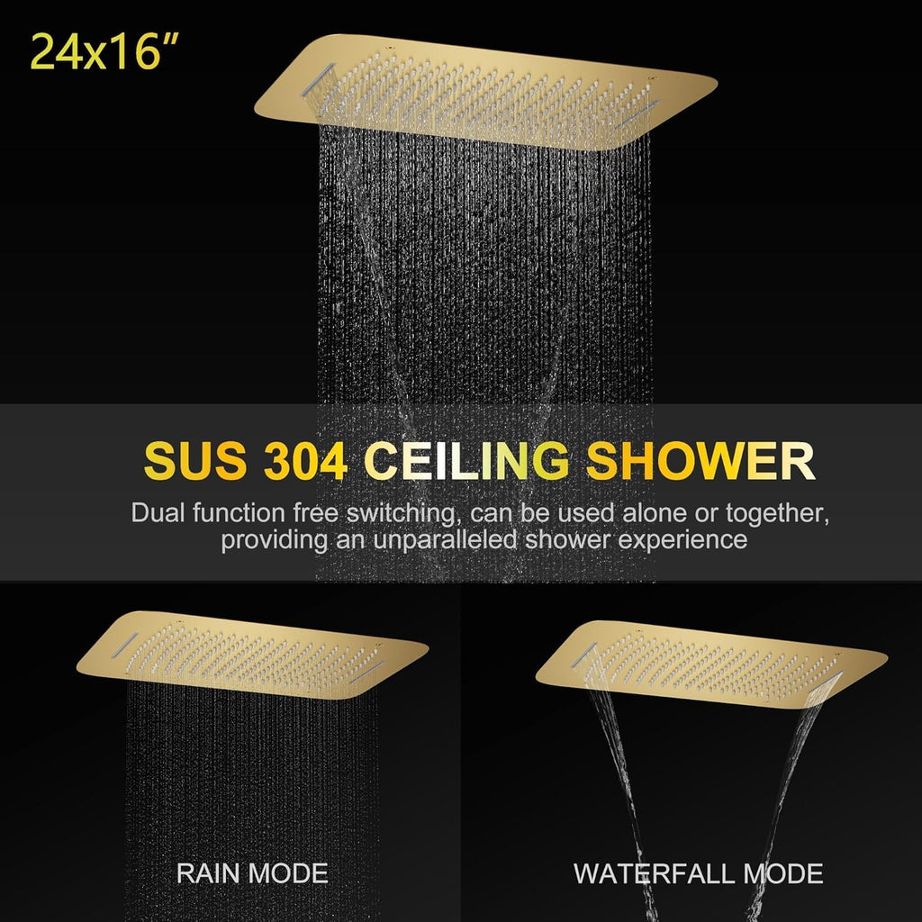 AYIVG Brushed Gold 4 Function Dual Shower Head System 16 X 24 Inch Rainfall Waterfall And 8 Inch Wall Mount With Handheld shower head Digital Display Shower Valve Set