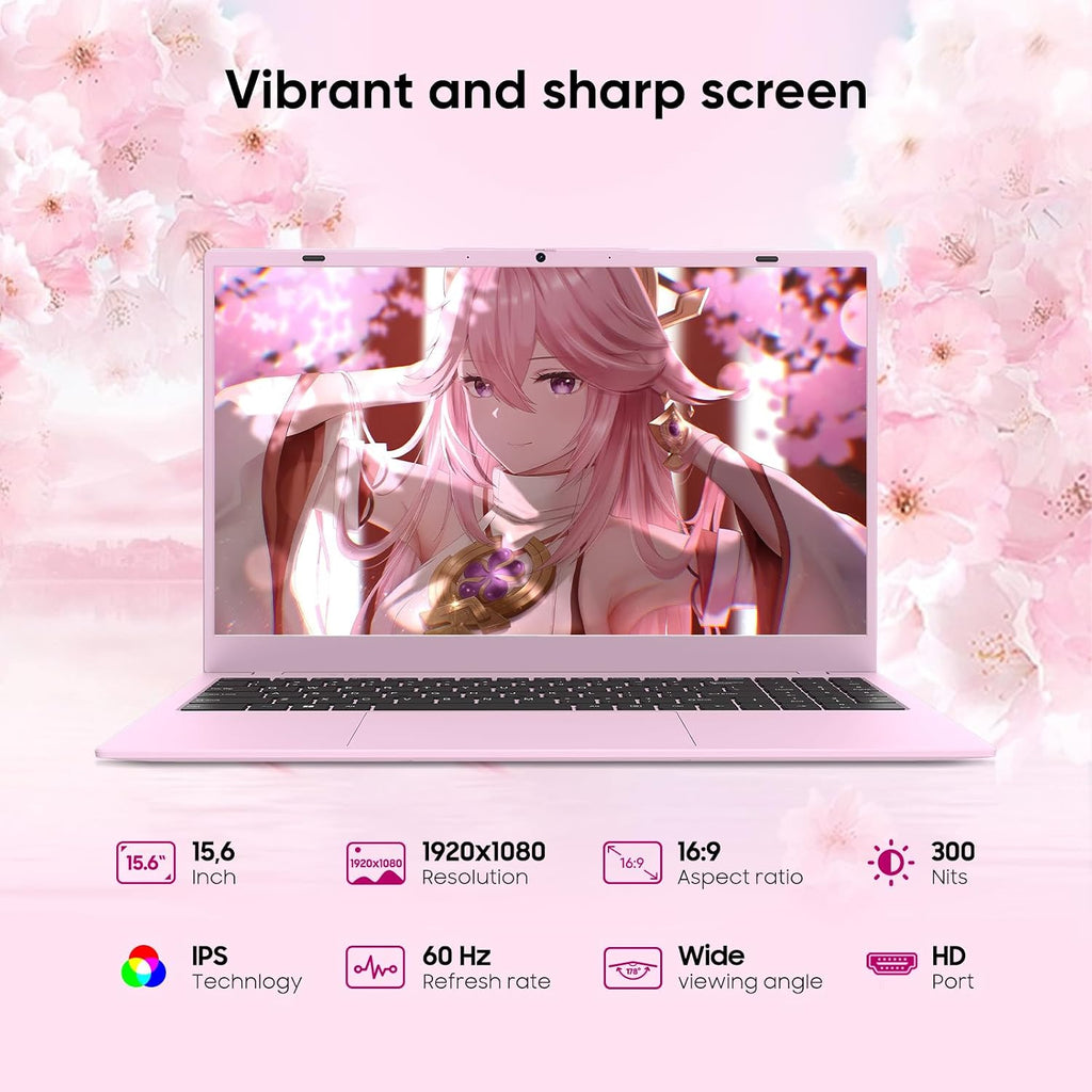 15.6' FHD Student Laptop Computer, 12GB DDR5, 512GB SSD, Quad-Core N150(Beat to i3-1115G4, Up to 3.6GHz), WiFi 6, Bluetooth 5.2, Pink