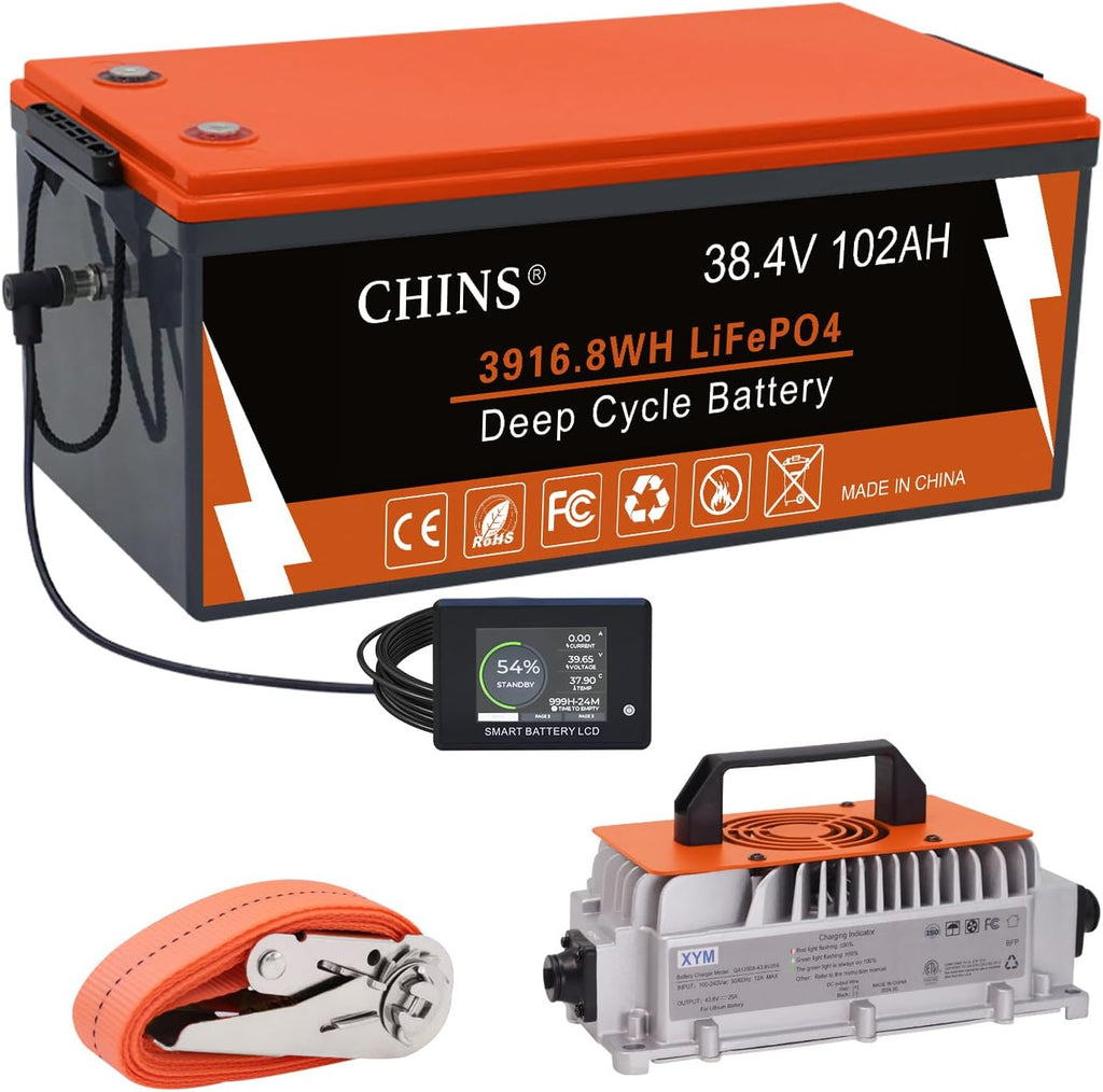 CHINS 36V 102Ah Lithium Golf Cart Battery, Built-in Smart 200A BMS, 36V Lithium Battery 4000+ Cycles Rechargeable, 36V LiFePO4 Battery Perfect for Golf Cart