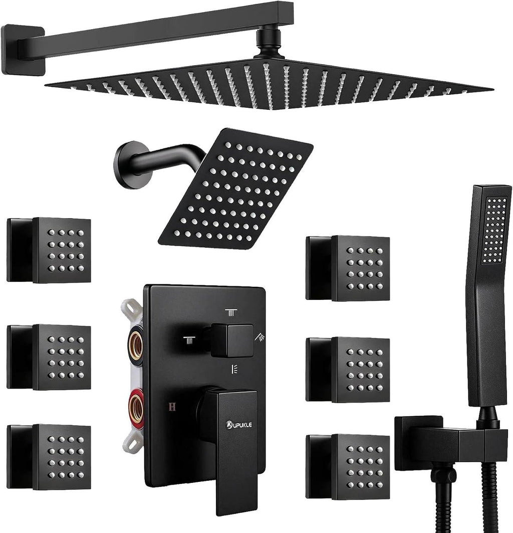 Shower System Matte Black Dual Shower Head with Body Jets, Oupukle Four Modes Shower Faucet Set Wall Mounted 12' & 6' Rain Shower Head with 6PCS Body Jets