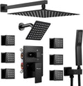 Shower System Matte Black Dual Shower Head with Body Jets, Oupukle Four Modes Shower Faucet Set Wall Mounted 12' & 6' Rain Shower Head with 6PCS Body Jets