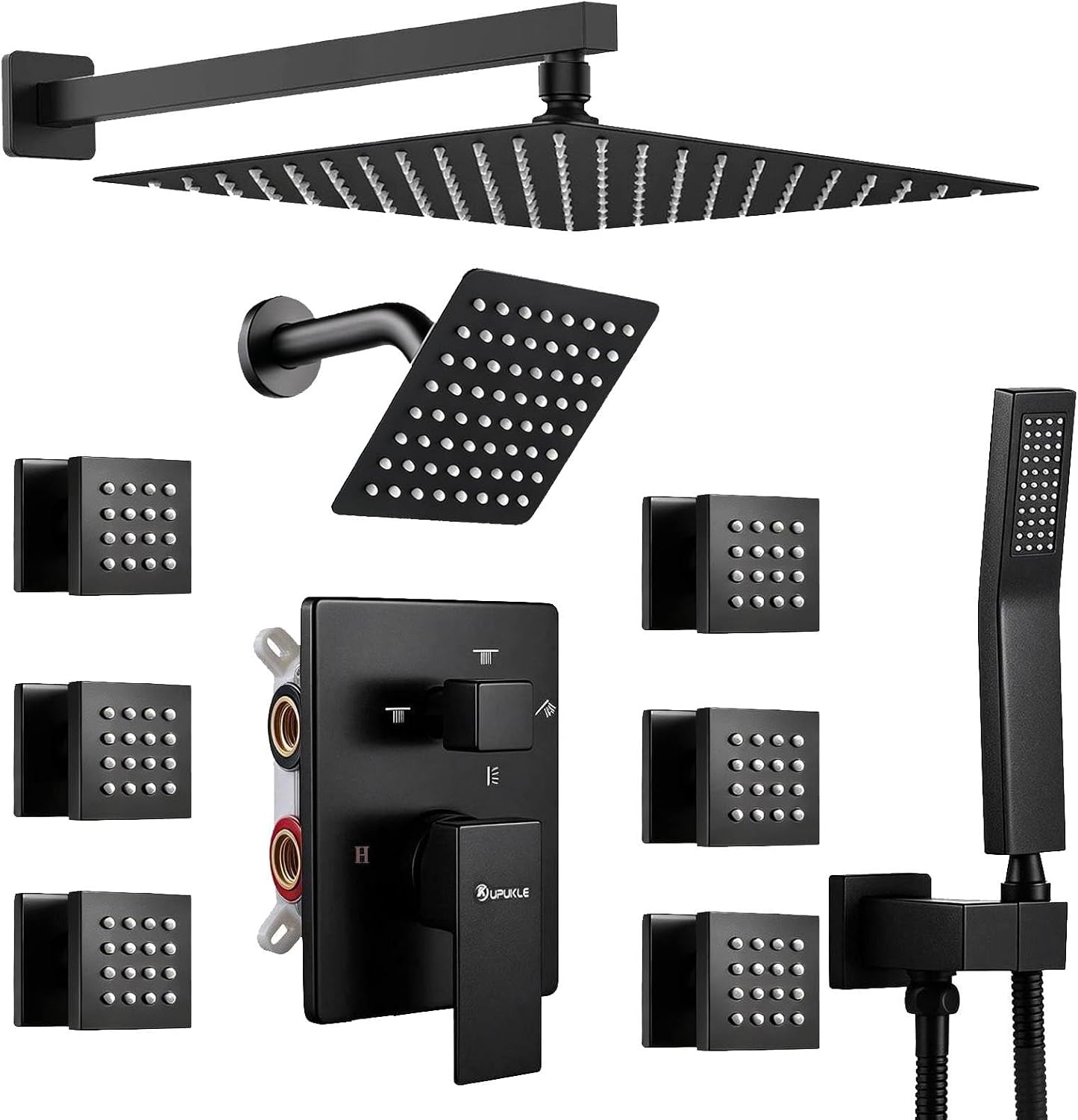 Shower System Matte Black Dual Shower Head with Body Jets, Oupukle Four Modes Shower Faucet Set Wall Mounted 12' & 6' Rain Shower Head with 6PCS Body Jets
