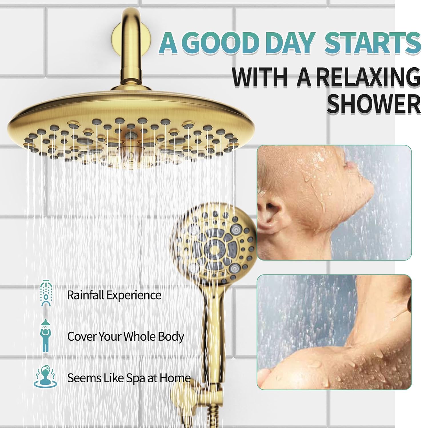 SR SUN RISE Shower Faucet - 10 Inch Multifunctional High Pressure Shower Head System with Handheld Shower Head Fixtures - Valve Included - Brushed Gold