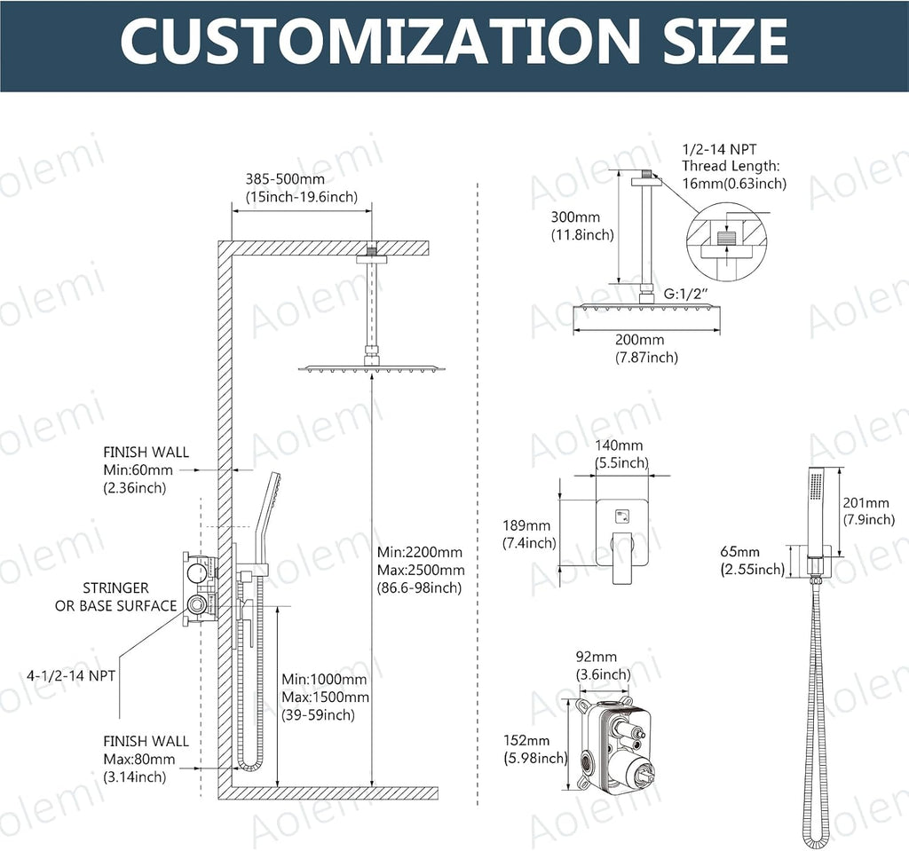 Aolemi Ceiling Mount Shower System Rain Shower Head with Handheld Spray High Pressure Shower Faucet Set Rough-in Valve Shower Trim Kit Included Bathroom Polish Chrome 8 Inch Ceiling Shower Head
