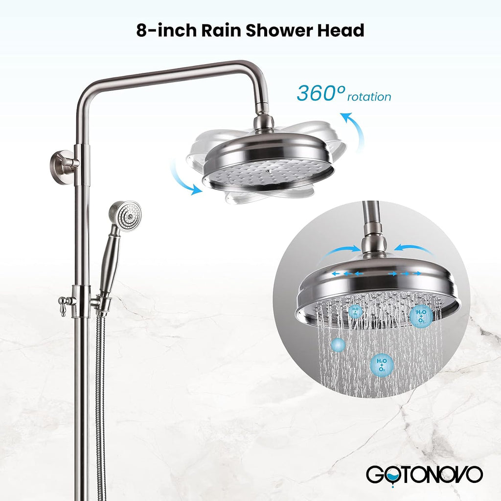 gotonovo Shower Faucet Set Brushed Nikcel 8-inch Shower Head Fixture with Handheld Spray Double Lever Handle Tub Spout Triple Function Bathroom Wall Mount