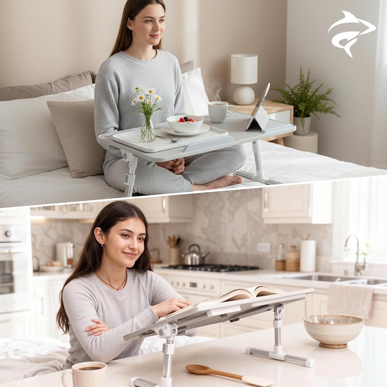 GoShark Lite 2-in-1 Laptop Bed Desk & TV Tray Table for Couch - Portable Foldable Stand with Adjustable Height & Angle for Work, Dining, Study - Detachable with Secondary Surface & Device Slots