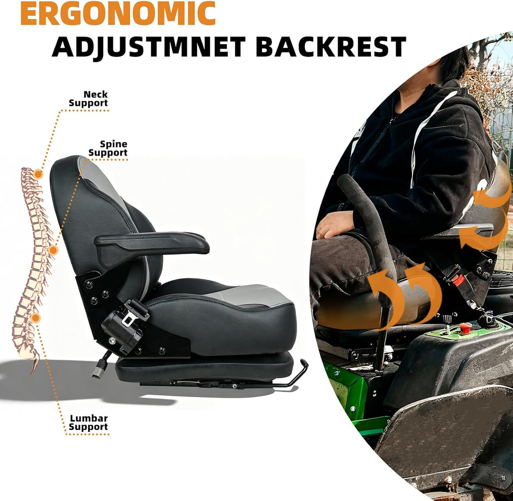 Universal Suspension Seat with Retractable Seatbelt Adjustable Armrests Weight Adjustment for Zero Turn Lawn Mowers & Tractors fits John Deere Scag Bad Boy Ferris Hustler Gravely