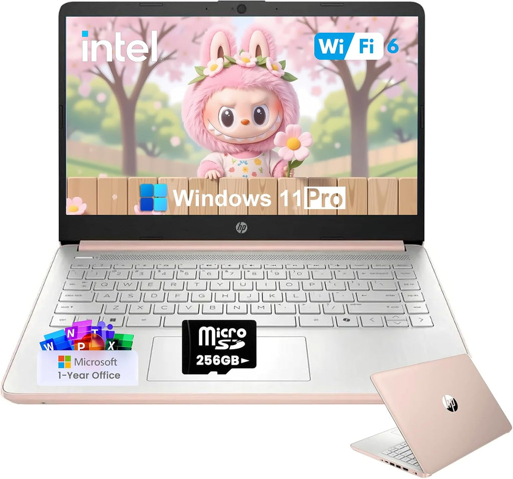 HP 2025 Student Business Laptop Computer - w/1 Year Office 365, 16GB RAM, 128GB UFS & 256GB SD Card, Ai Copilot Intel 4-Core Processor, HD Display, Windows 11 Pro(Rosegold)
