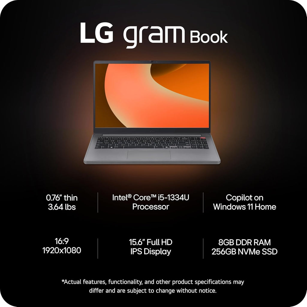 LG gram Book 15-inch Lightweight Laptop Computer, Intel Core i5-1334U Processor, Windows 11 Home, 8GB RAM, 256GB SSD - Titan Silver