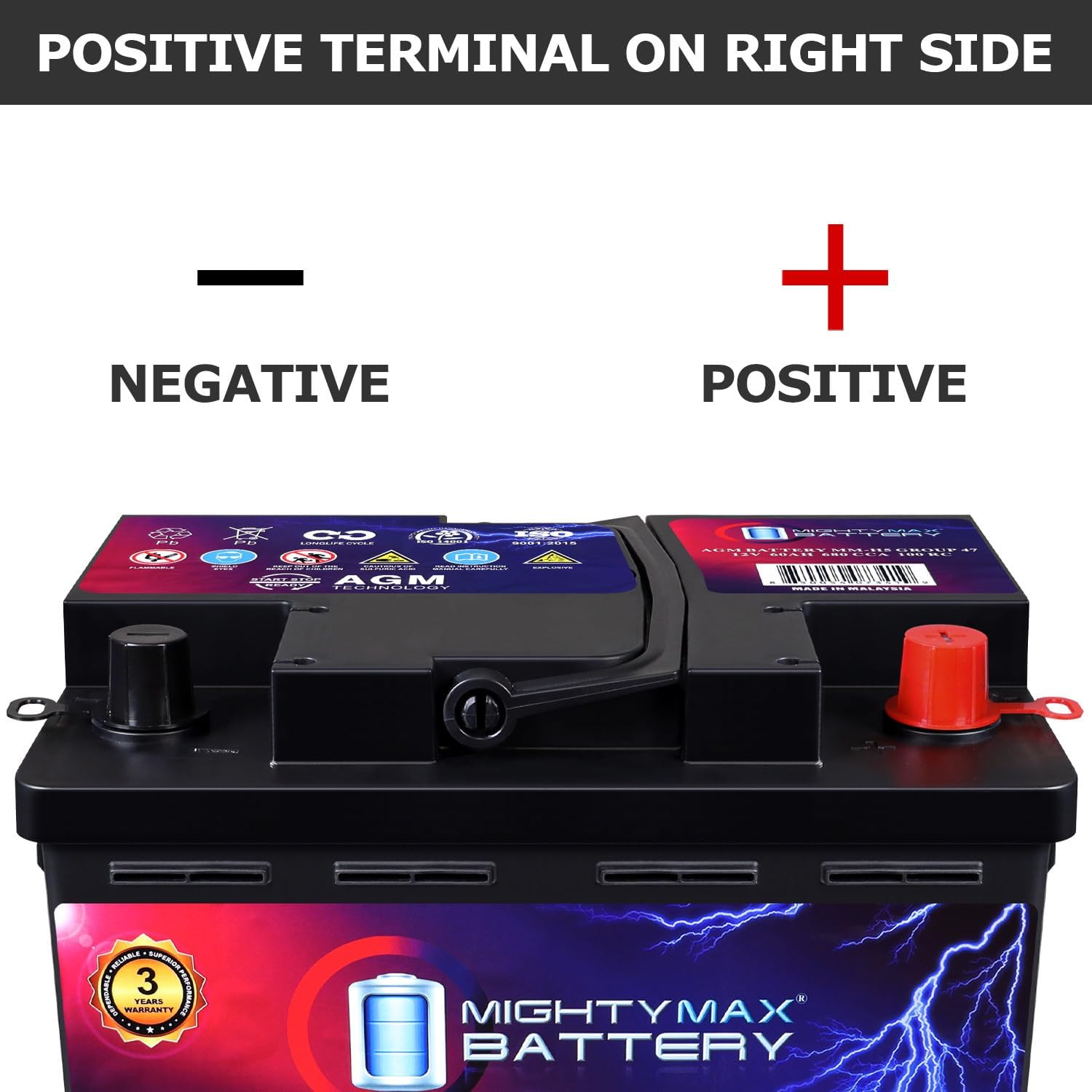Mighty Max Battery MM-H5 Start and Stop Car BCI Group Size 47 12V 60 AH, 100RC, 680 CCA Rechargeable AGM Car Battery