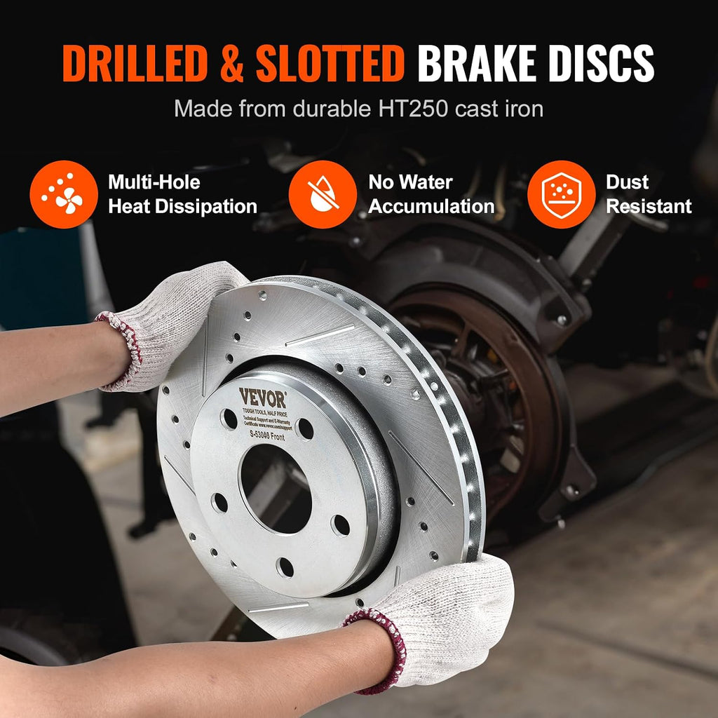 VEVOR Front and Rear Brake Kit Compatible with 2007-2017 Jeep Wrangler, Drilled and Slotted Brake Rotors Ceramic Brake Pads Replacement, 11.9' Front Rotors 12.4' Rear Rotors