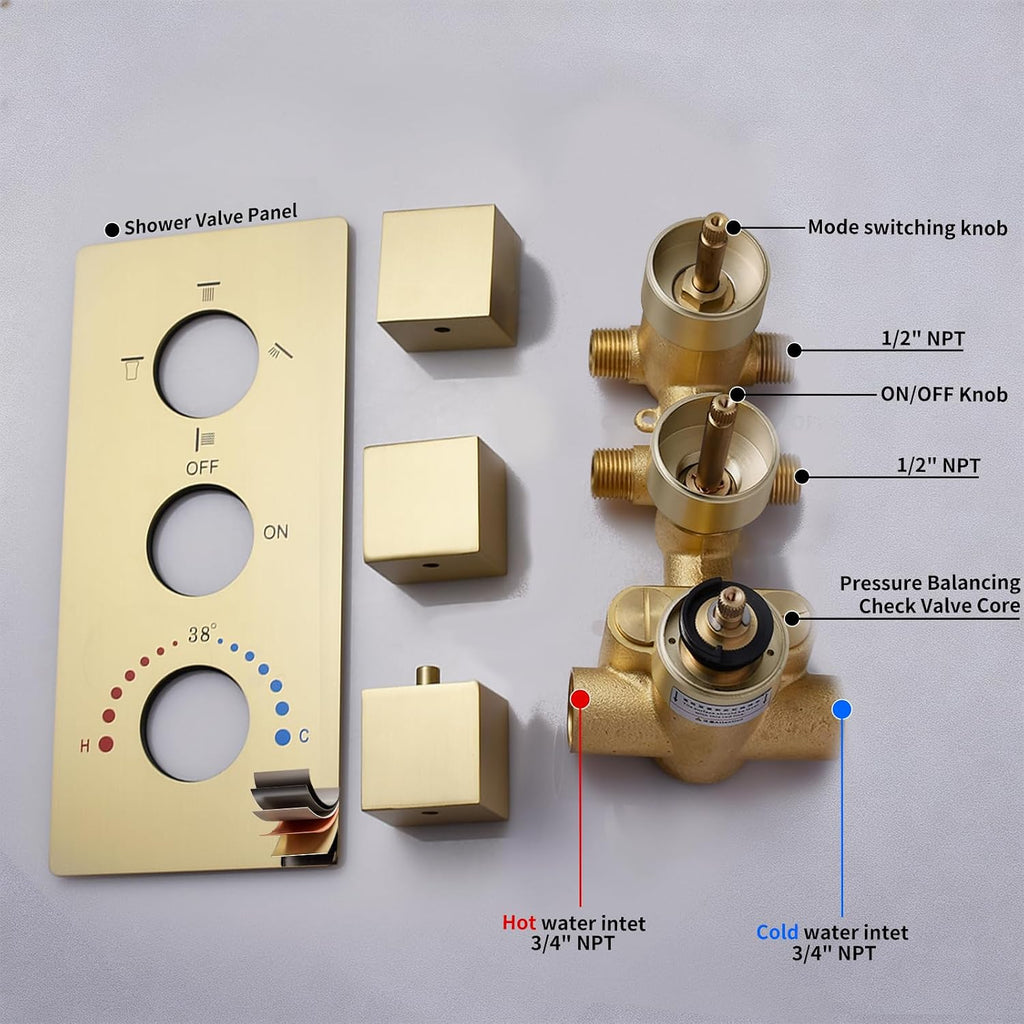 Thermosttic Shower Faucet Set Brushed Gold Shower System with 12 and 8 inch Rain Shower Head, 4 Body Jets, Handheld Spray
