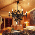 Black Metal Chandelier 6 Lights E14 Wrought Iron Pendant Light Castle Style Medieval Ceiling Light Fixture Round Candle Hanging Light,Chandeliers
